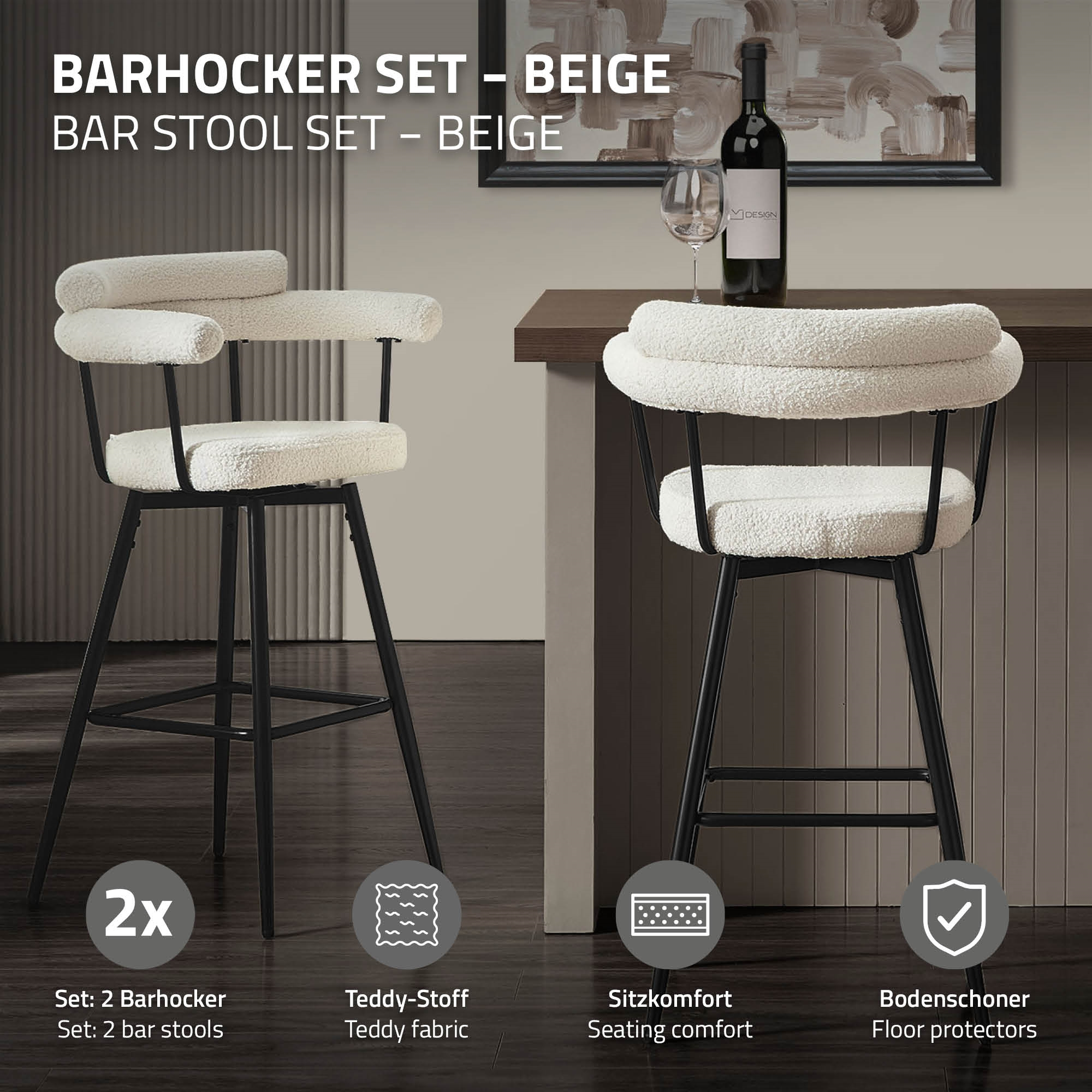Zwei beige Teddy-Stoff Barhocker mit schwarzen Metallbeinen stehen im Vordergrund.