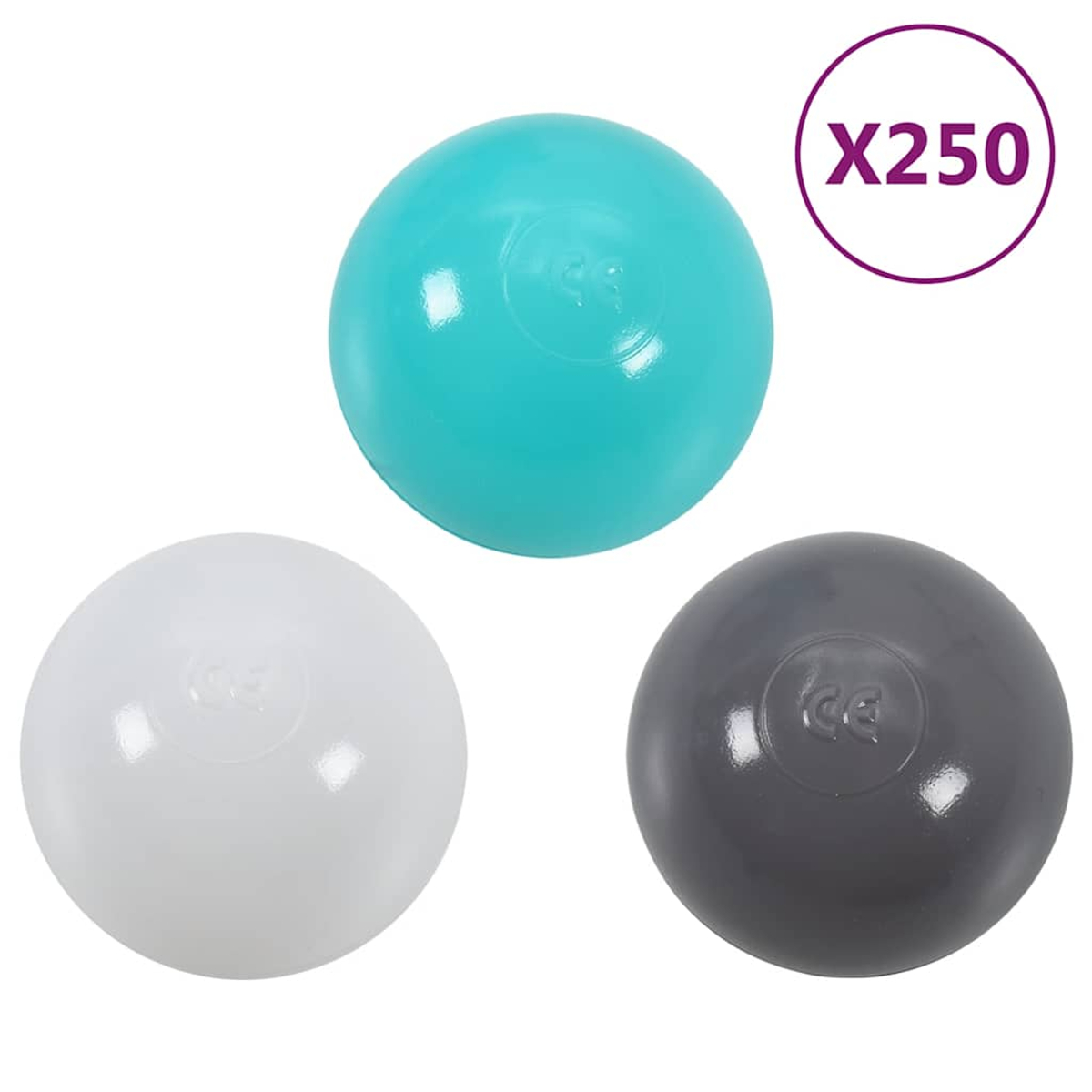 Tre palline gioco turchesi, bianche e grigie. Accanto c'è X250.