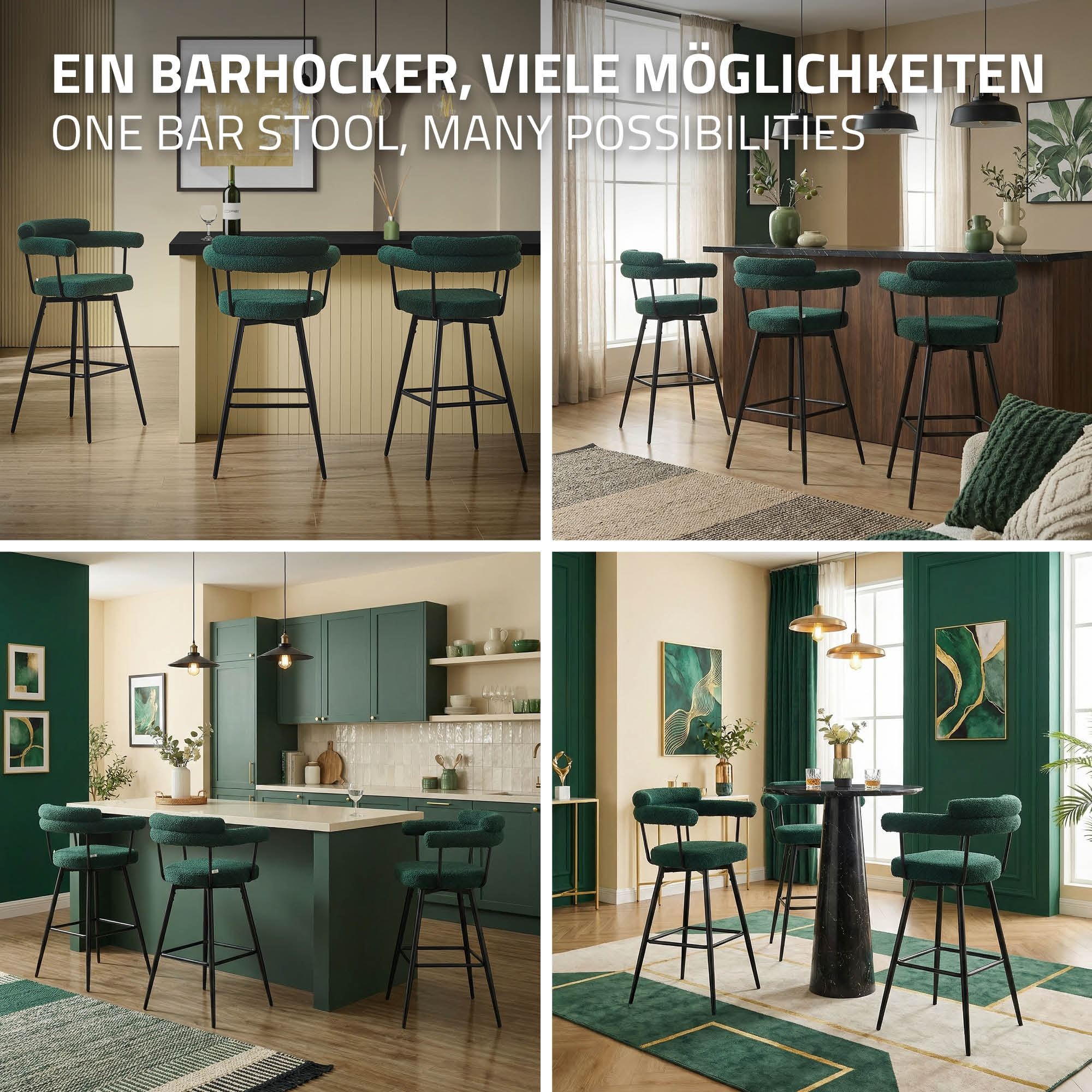 Vier grüne Barhocker mit schwarzen Beinen stehen in modernen Räumen.