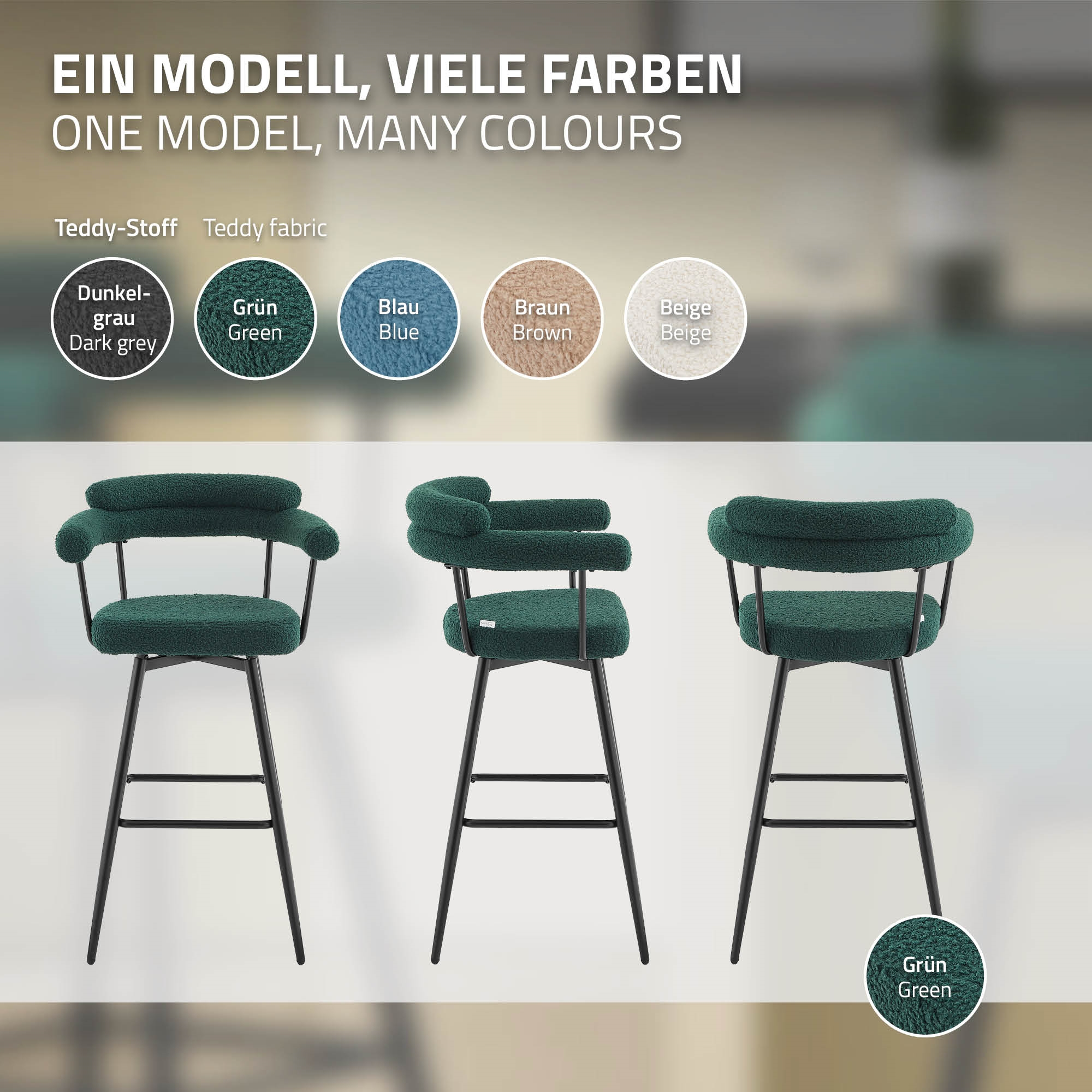 Drei grüne Teddy-Stoff Barhocker mit schwarzen Metallbeinen.