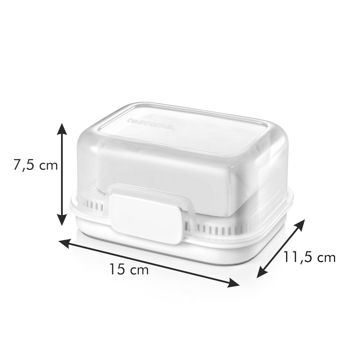 Un contenitore bianco per alimenti con coperchio trasparente, che mostra le dimensioni.