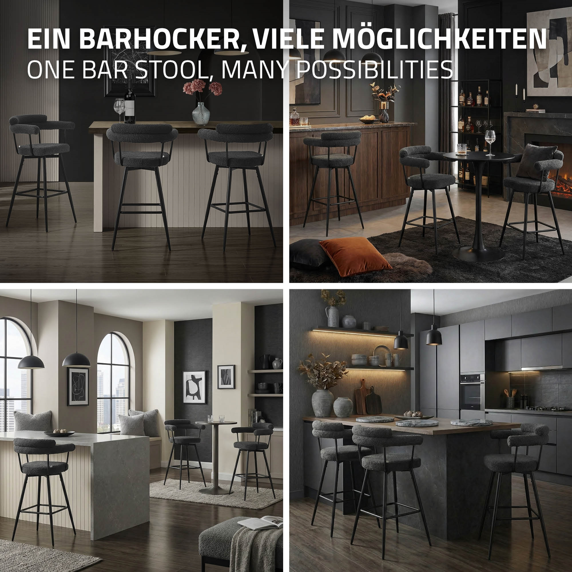 Vier Szenen zeigen graue Barhocker in modernen Wohn- und Küchenumgebungen.