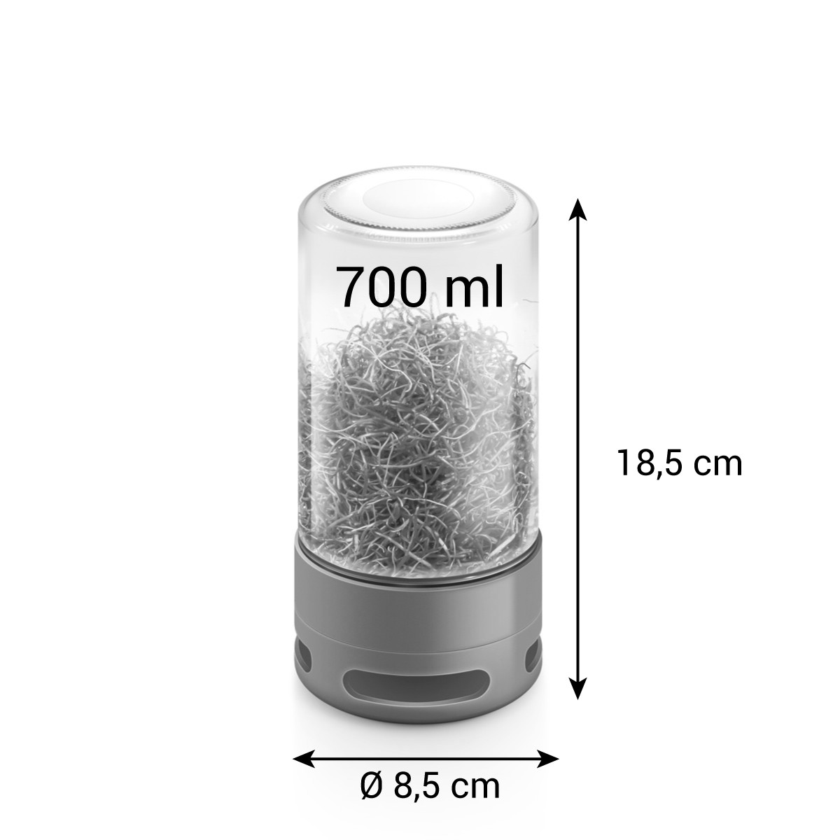 700ml Glasbehälter mit grauem Sockel, 18,5cm hoch, 8,5cm Durchmesser.