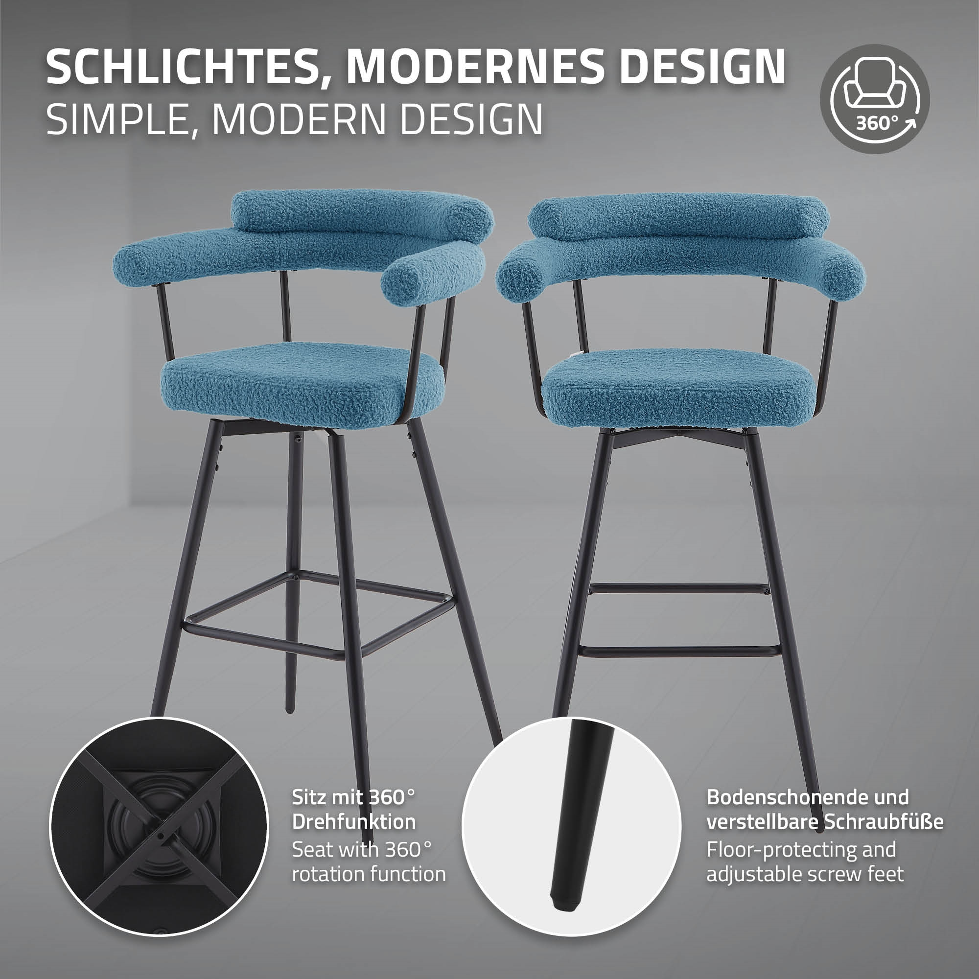 Zwei blaue Barhocker mit drehbarem Sitz und schwarzen Metallbeinen.