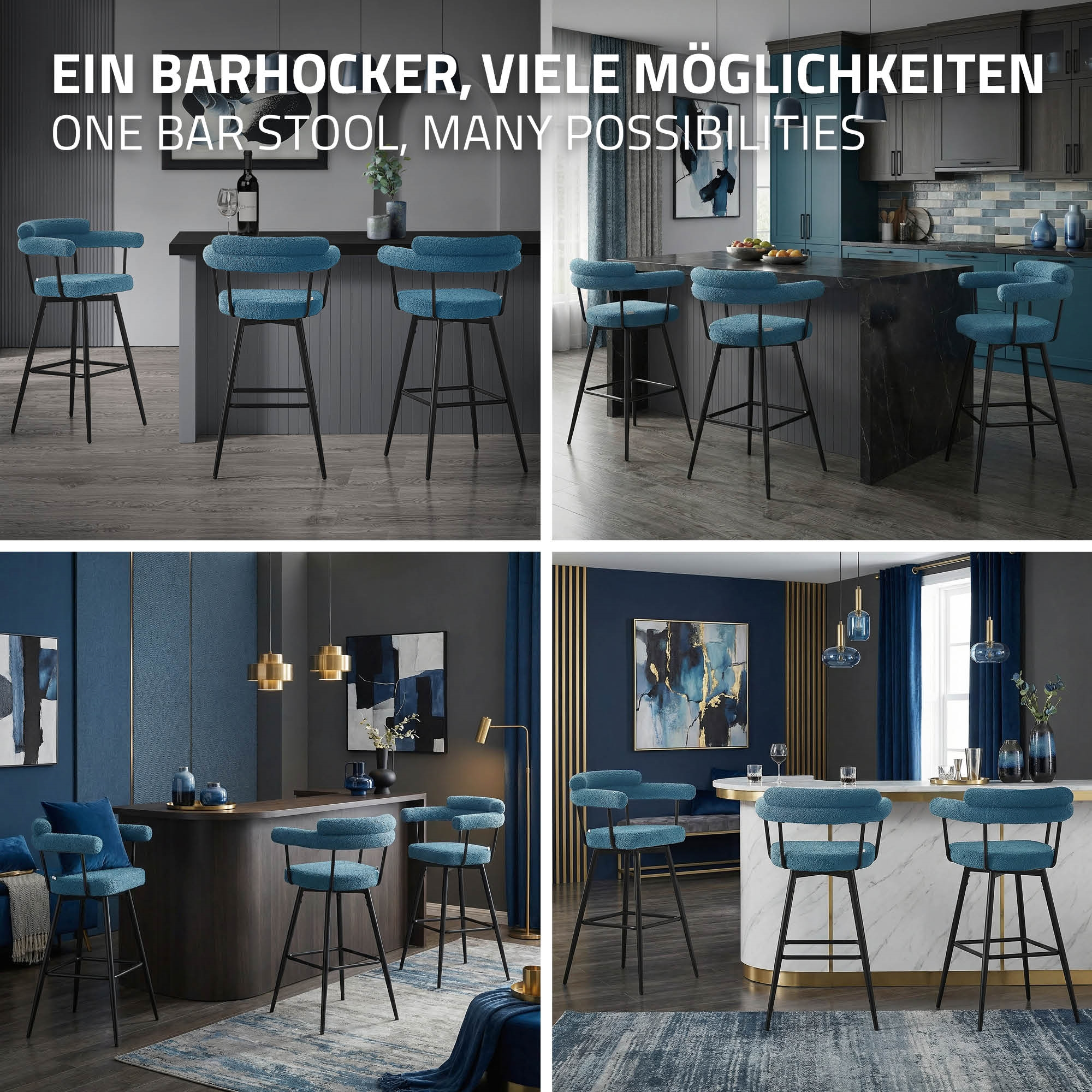 Vier blaue Barhocker mit Armlehnen stehen um eine Theke in verschiedenen modernen Umgebungen.