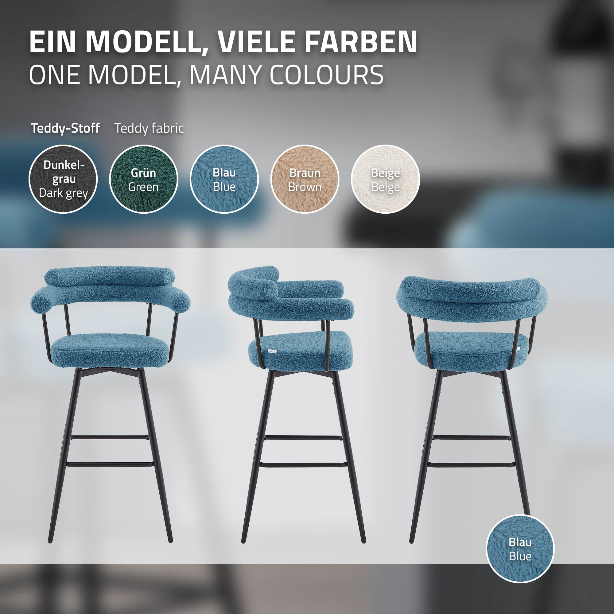 Drei blaue Teddy-Stoff Barhocker mit schwarzen Metallbeinen.