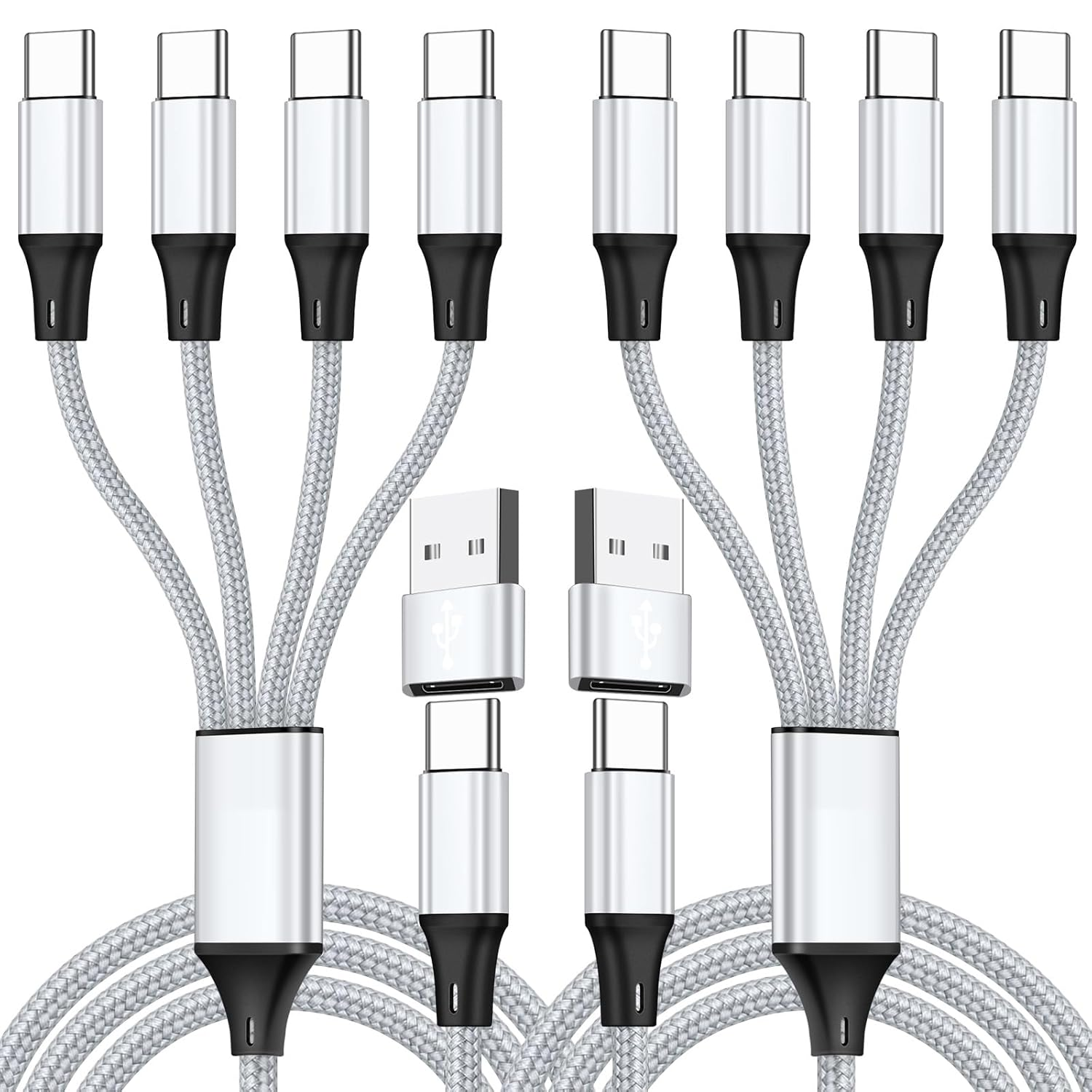 Sześć kabli ładujących USB-C ze srebrnymi złączami i szarymi kablami w oplocie.