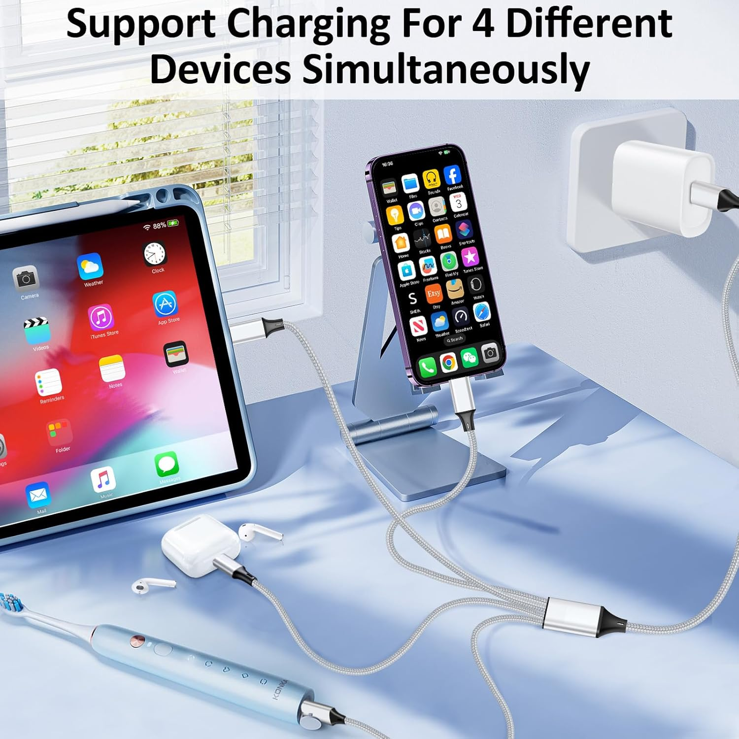 Kabel ładujący rozdziela się, aby zasilić smartfon, tablet, słuchawki i szczoteczkę elektryczną.