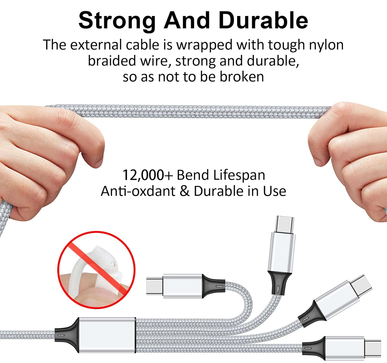 Dłonie trzymają mocny, pleciony srebrny kabel. Widoczne złącza USB-C. Tekst podkreśla trwałość.