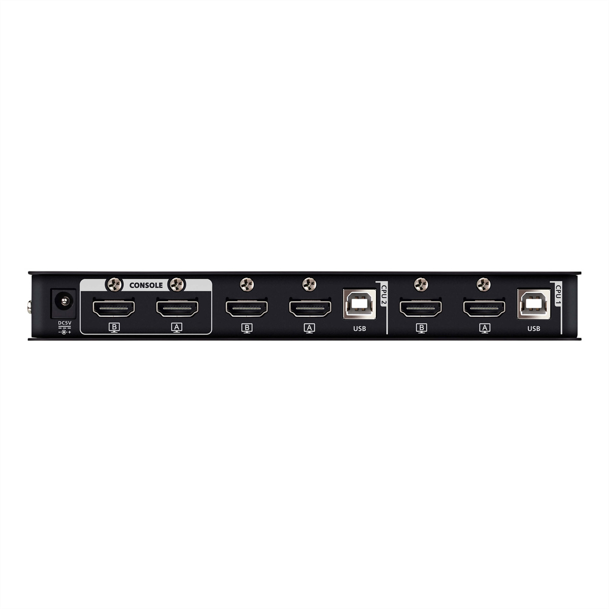 Dispositivo KVM nero con porte: DC 5V, Console, CPU 2, CPU 1.