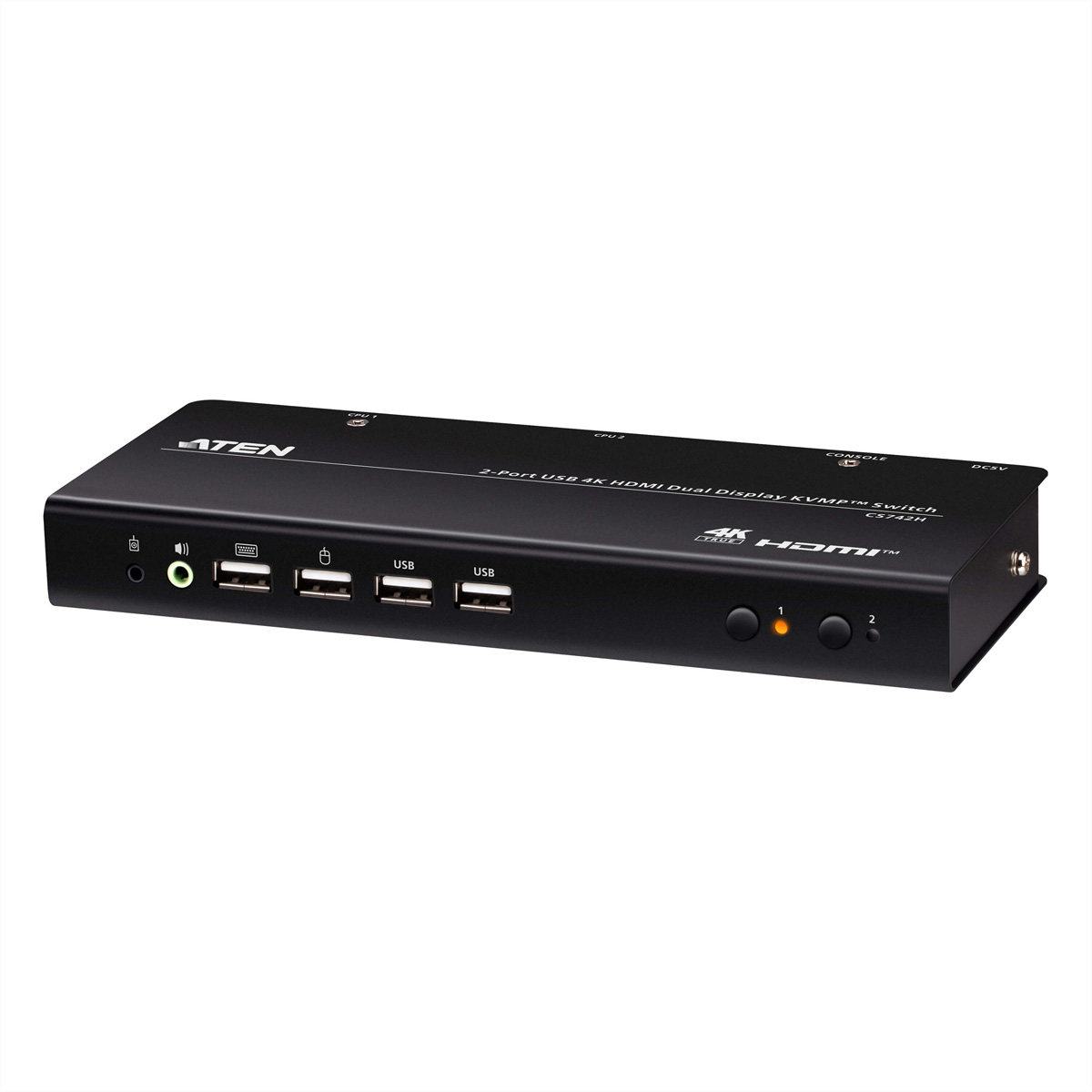 Switch KVMP nero Aten 2 porte USB 4K HDMI Dual Display con porte e pulsanti.