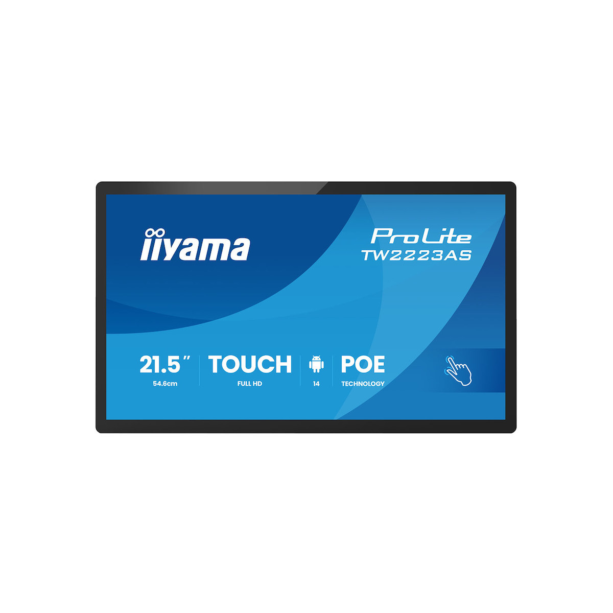Ein 21,5-Zoll-Touchscreen-Monitor mit ProLite TW2223AS-Branding und PoE-Technologie.
