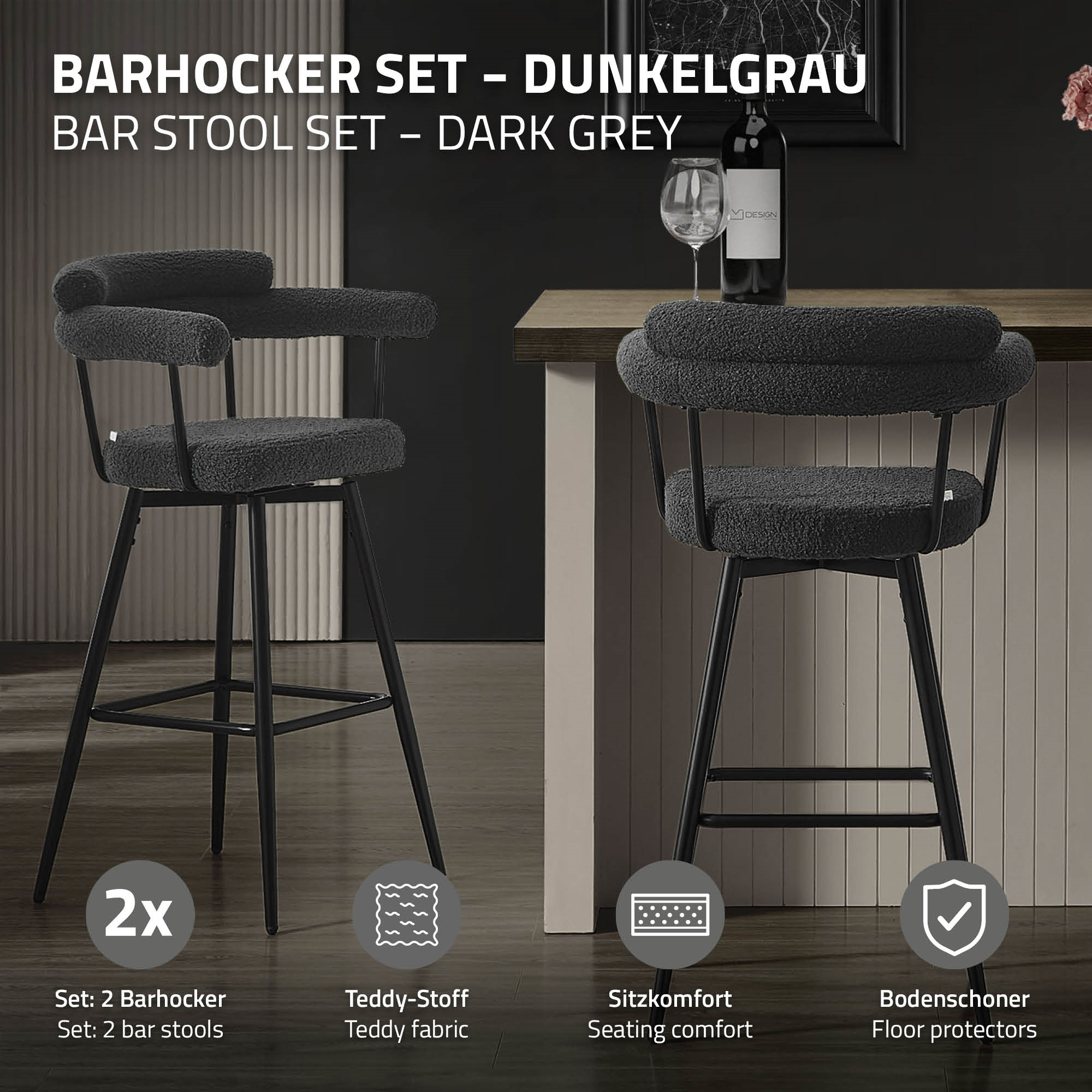 Zwei dunkelgraue Barhocker aus Teddy-Stoff mit schwarzen Metallbeinen.