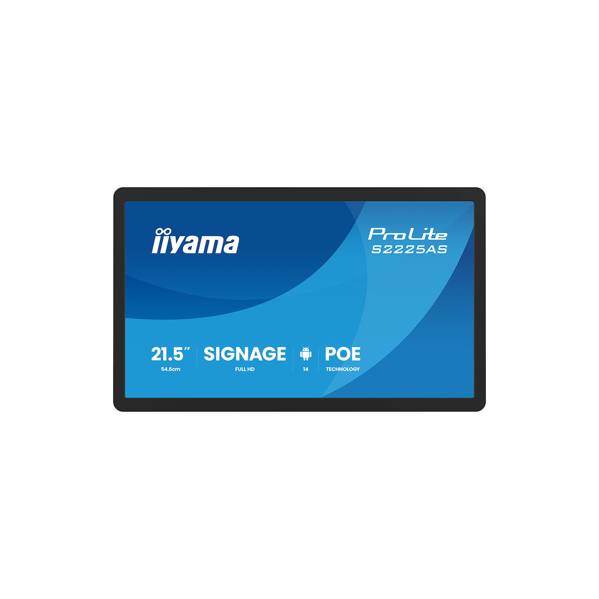 Ein 21,5-Zoll-ProLite-S2225AS-Monitor mit Iiyama-Logo und „Signage POE“-Text.