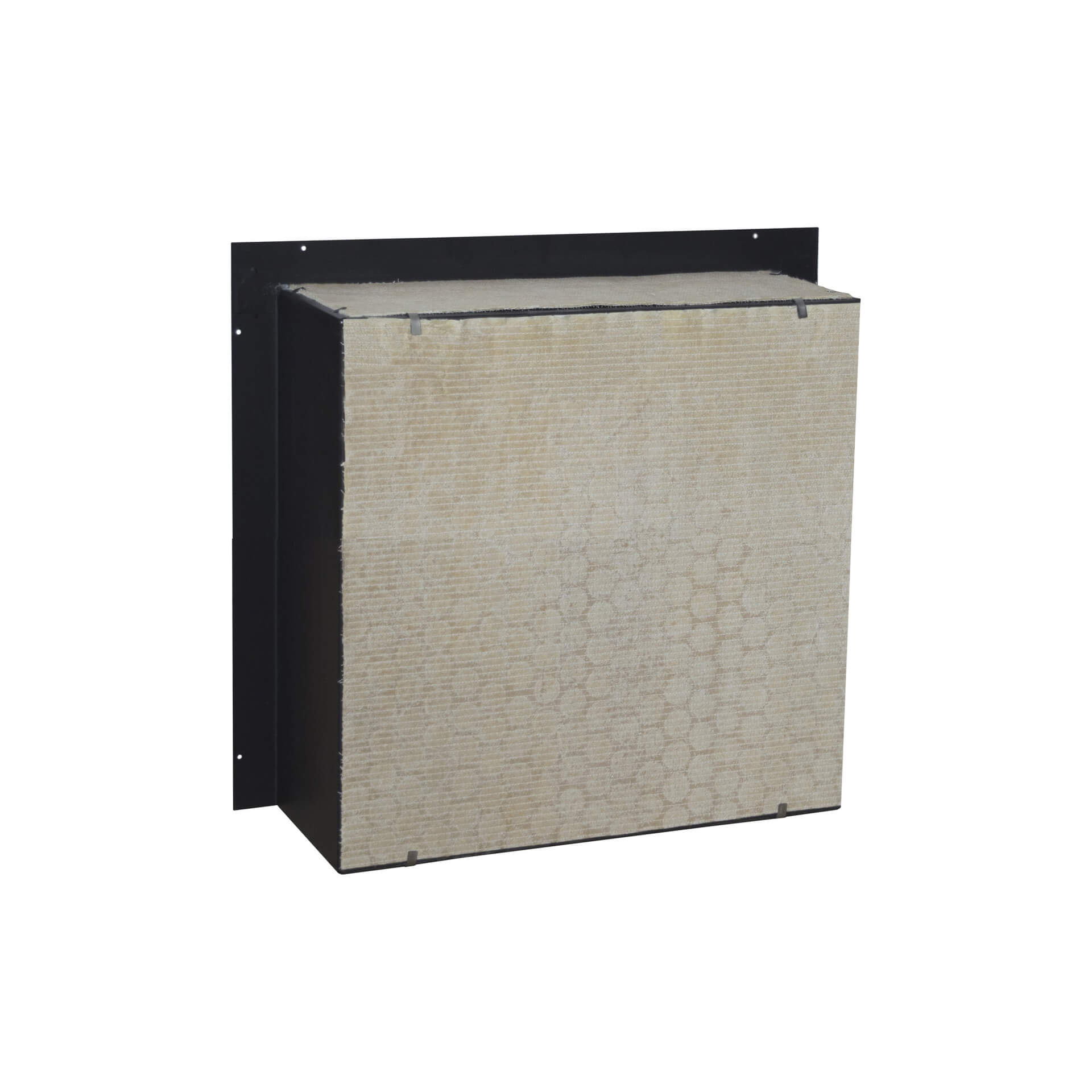 Een rechthoekige luchtfilter met beige, honingraatpatroon filtermedium en een zwart frame.