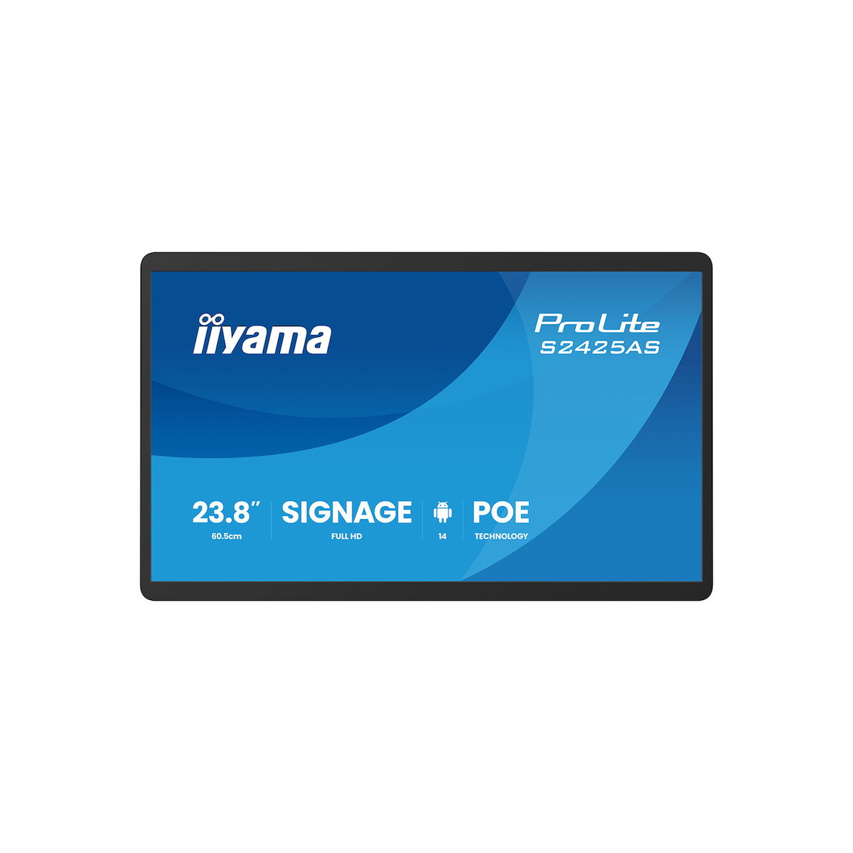Ein schwarzer Iiyama ProLite S2425AS Digital Signage Monitor mit blauen Akzenten.