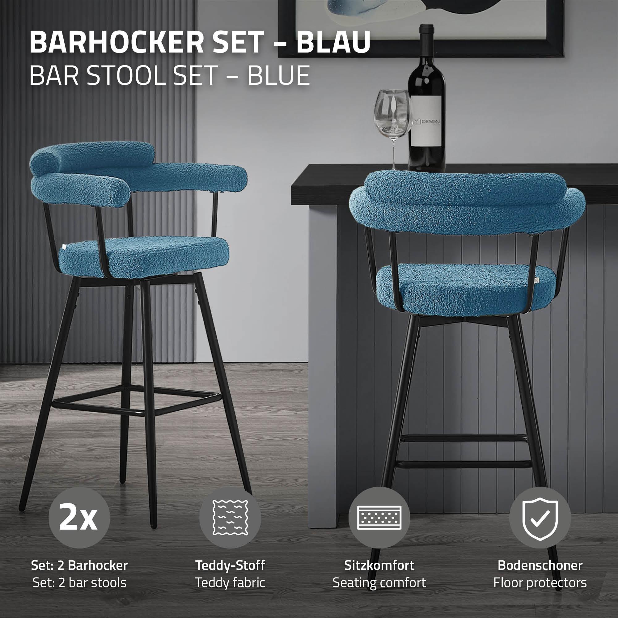 Zwei blaue Teddy-Stoff Barhocker mit schwarzen Metallbeinen stehen nebeneinander.