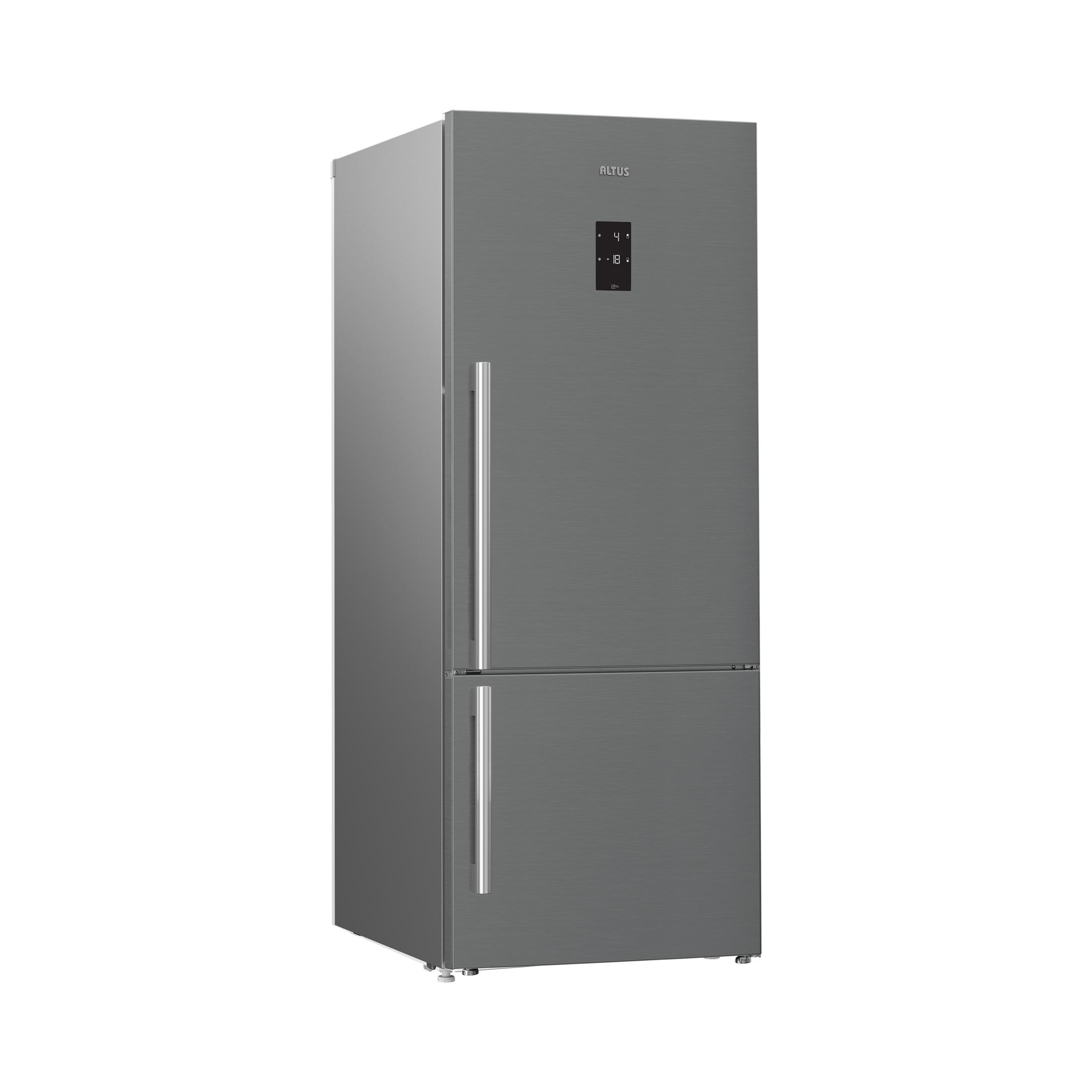Dijital ekranlı, modern gri, çift kapılı buzdolabı.