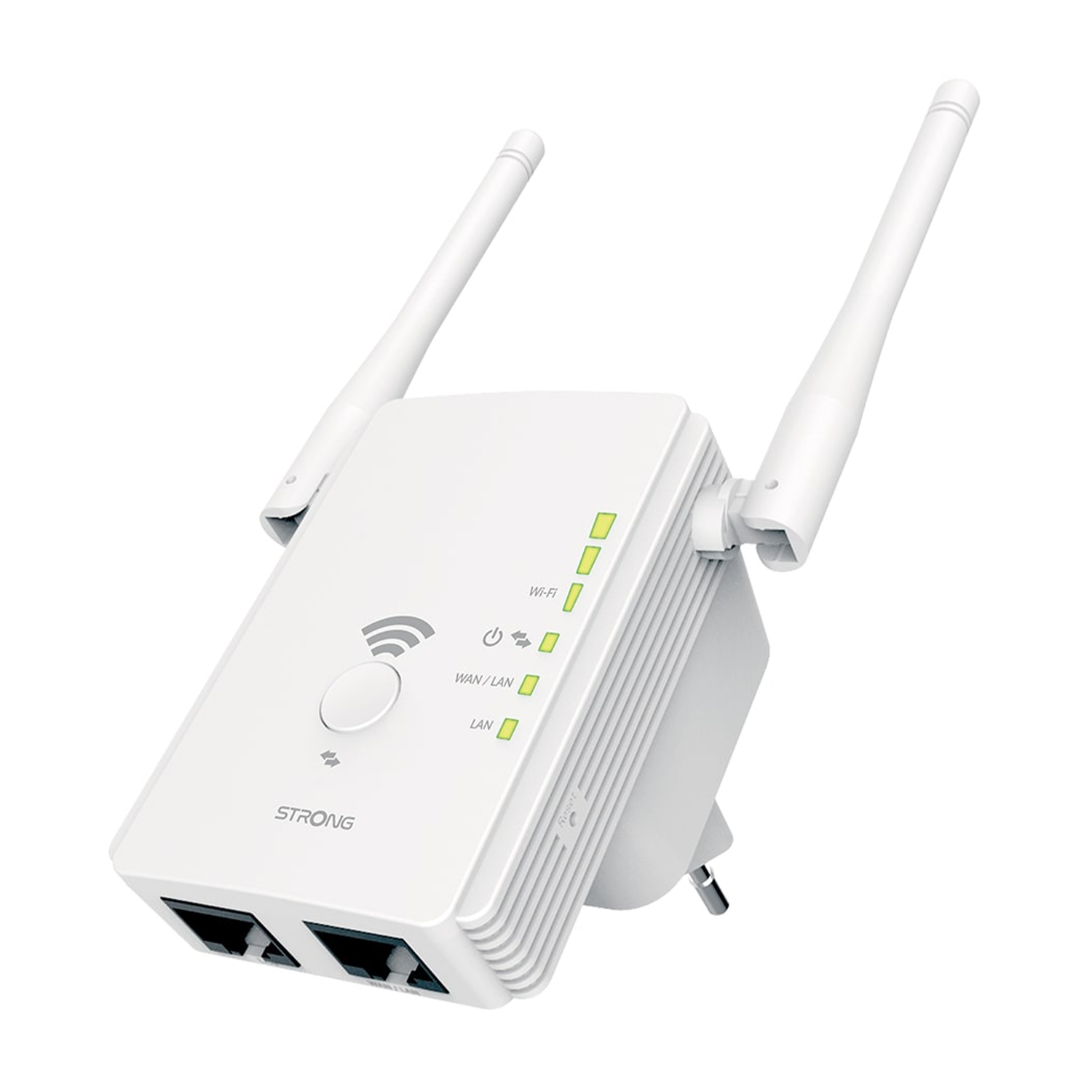 Ein weißer WLAN-Repeater mit zwei Antennen und zwei LAN-Anschlüssen.