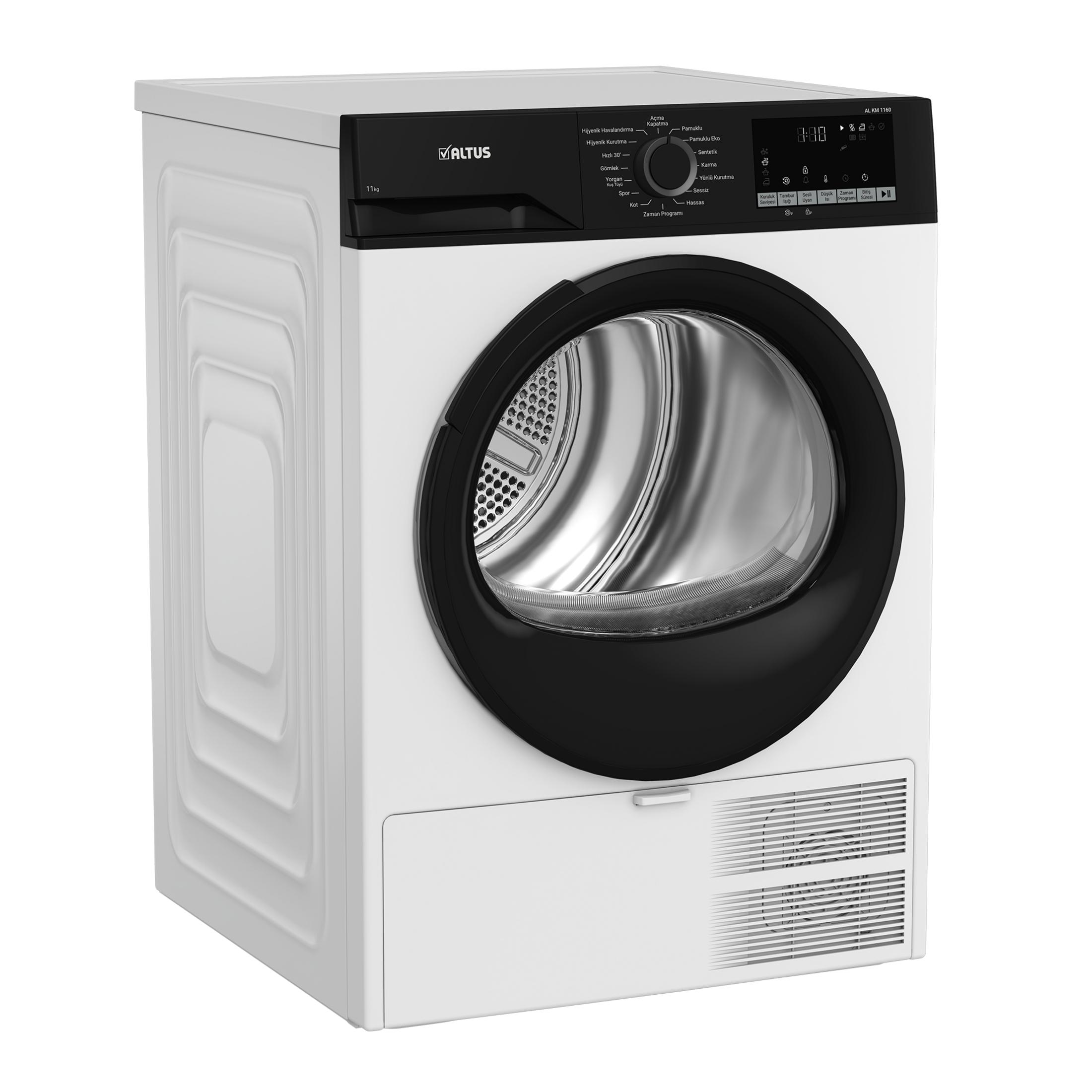 Siyah kapılı ve kontrol panelli beyaz kurutma makinesi. 11 kg kapasiteli.