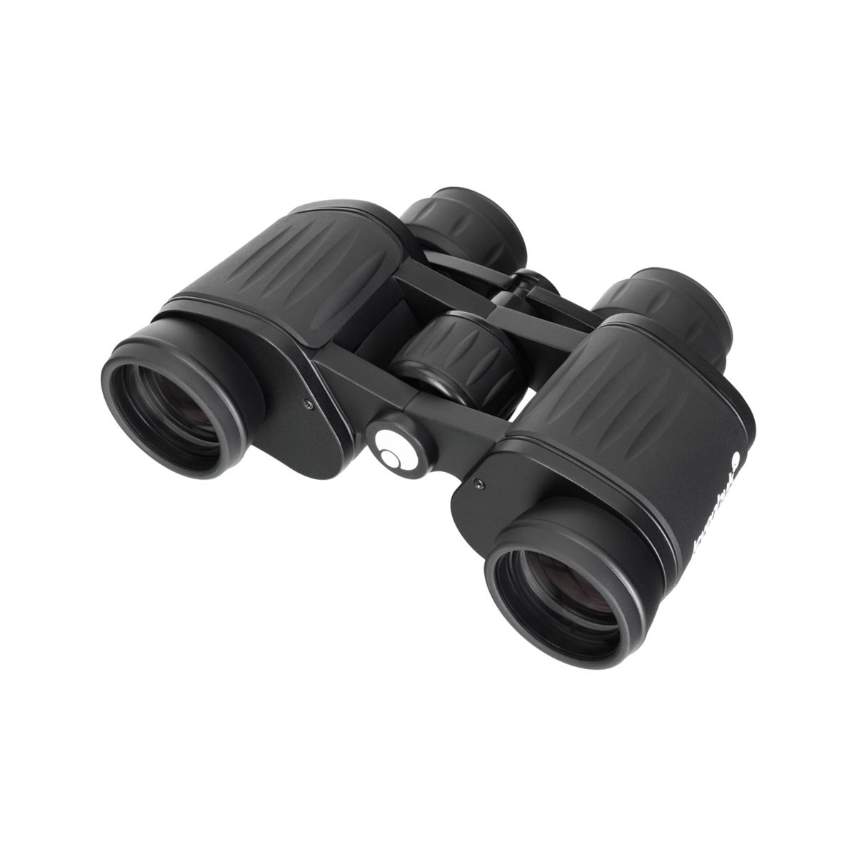 Binocolo nero con impugnature a coste su sfondo bianco.