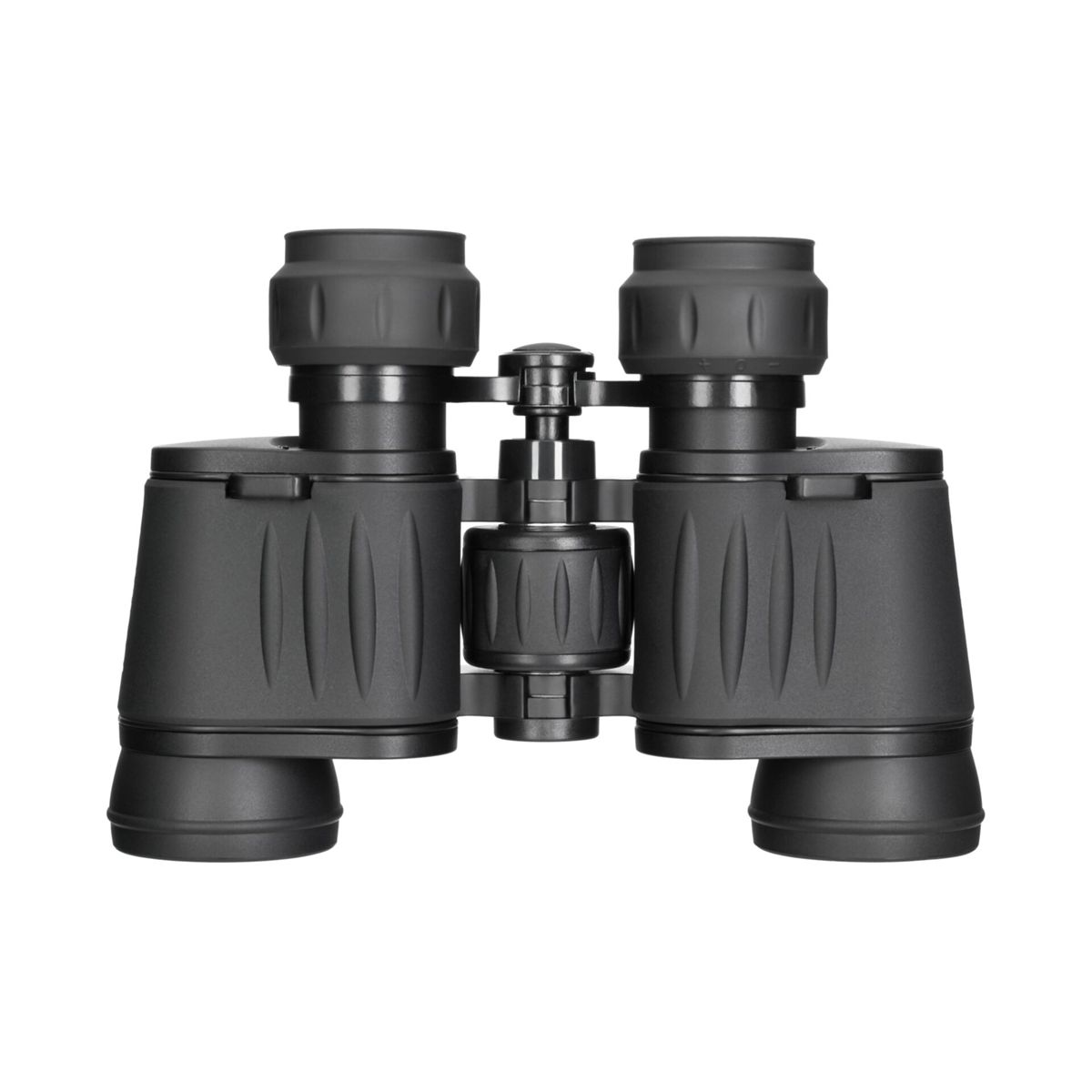 Schwarze Fernglas mit Fokusrad in der Mitte auf weißem Hintergrund.
