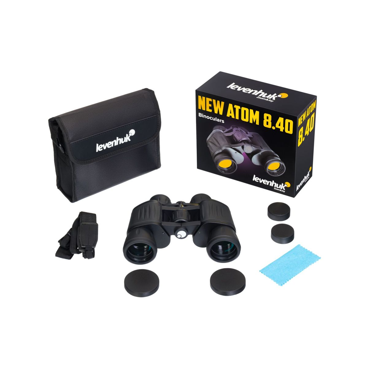 Binocolo Levenhuk con custodia, scatola e accessori su sfondo bianco.