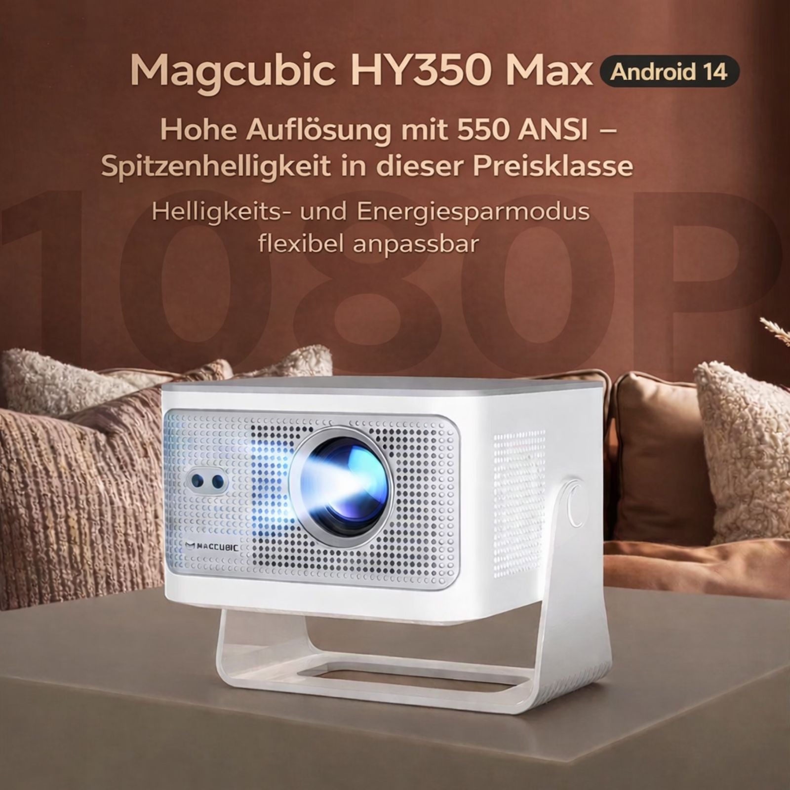 Ein weißer Magcubic HY350 Max Projektor mit blauem Lichtstrahl leuchtet.