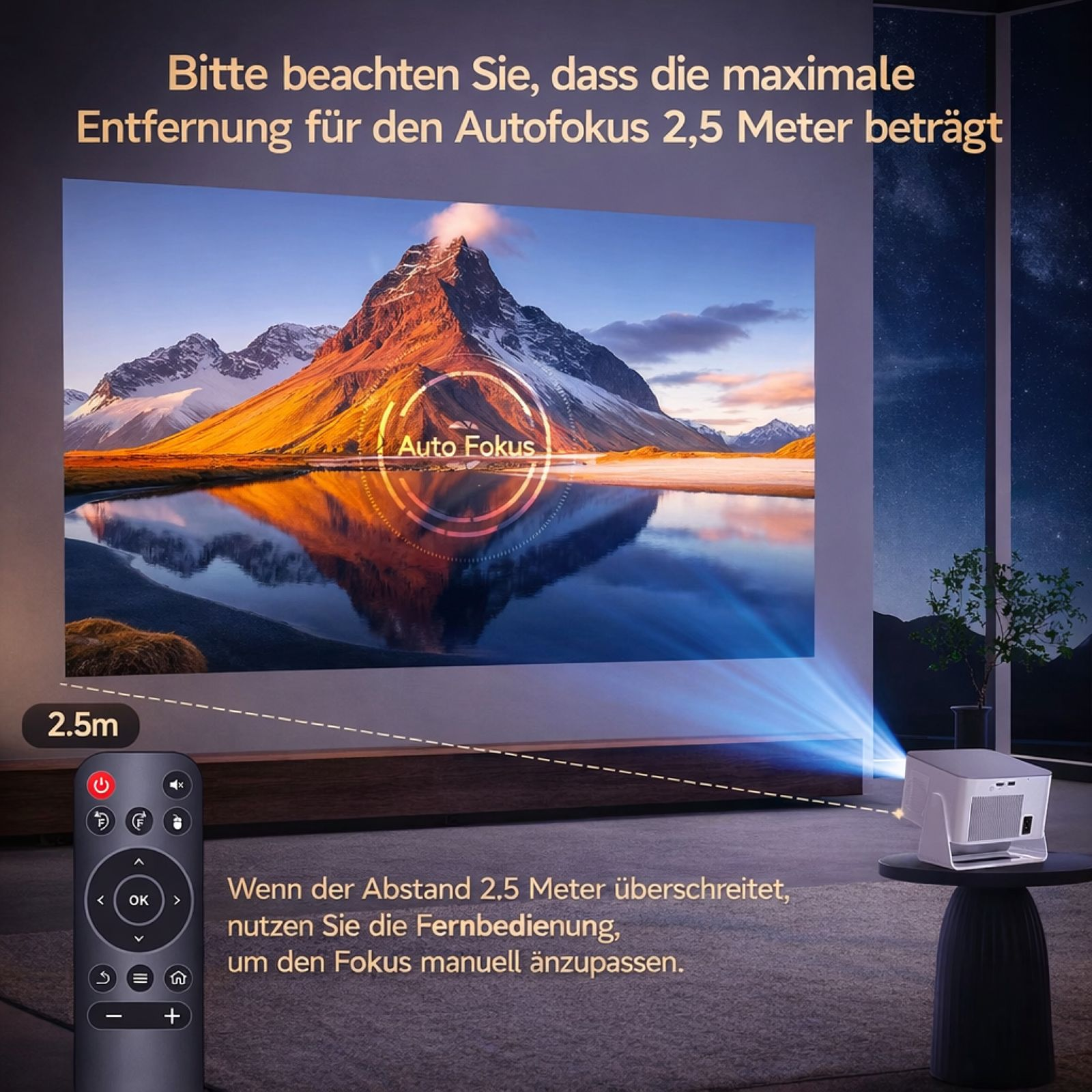 Ein Projektor wirft ein Bild einer Berglandschaft an eine Wand. Eine Fernbedienung liegt daneben.