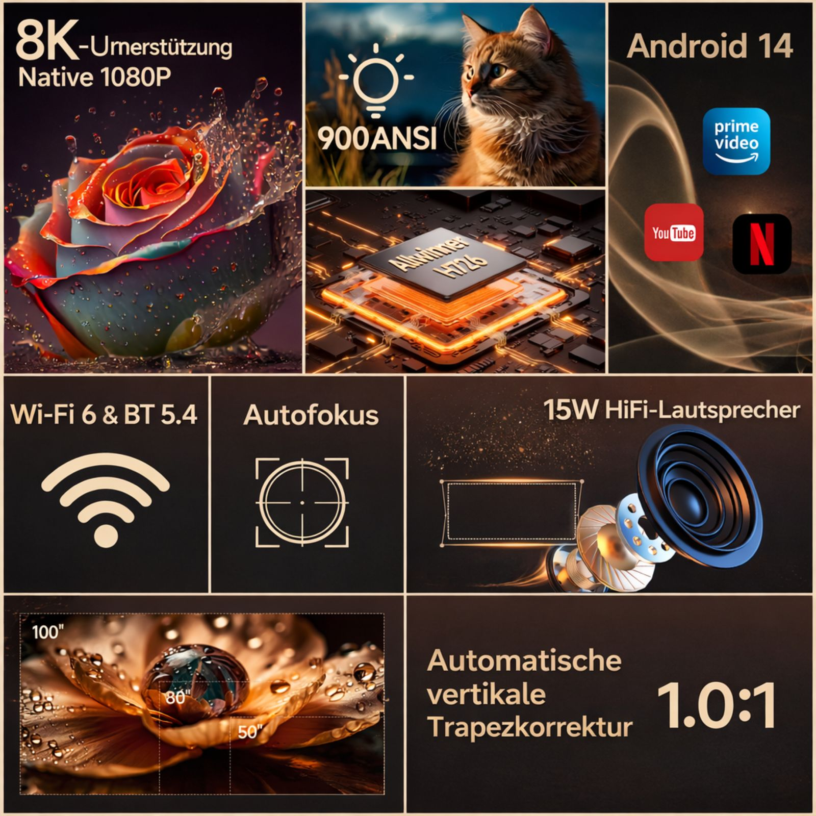 Collage mit Rose, Katze, Chip, Apps, WLAN, Autofokus, Lautsprecher, Projektion.