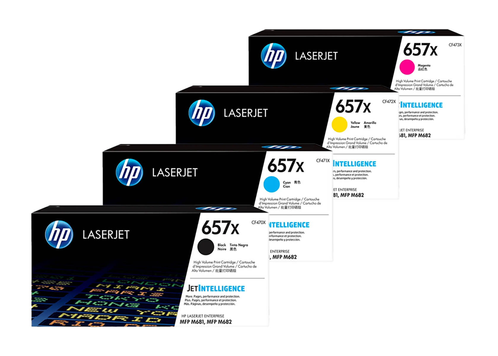 Vier HP LaserJet 657x Tonerkartuschen in Magenta, Gelb, Cyan und Schwarz.
