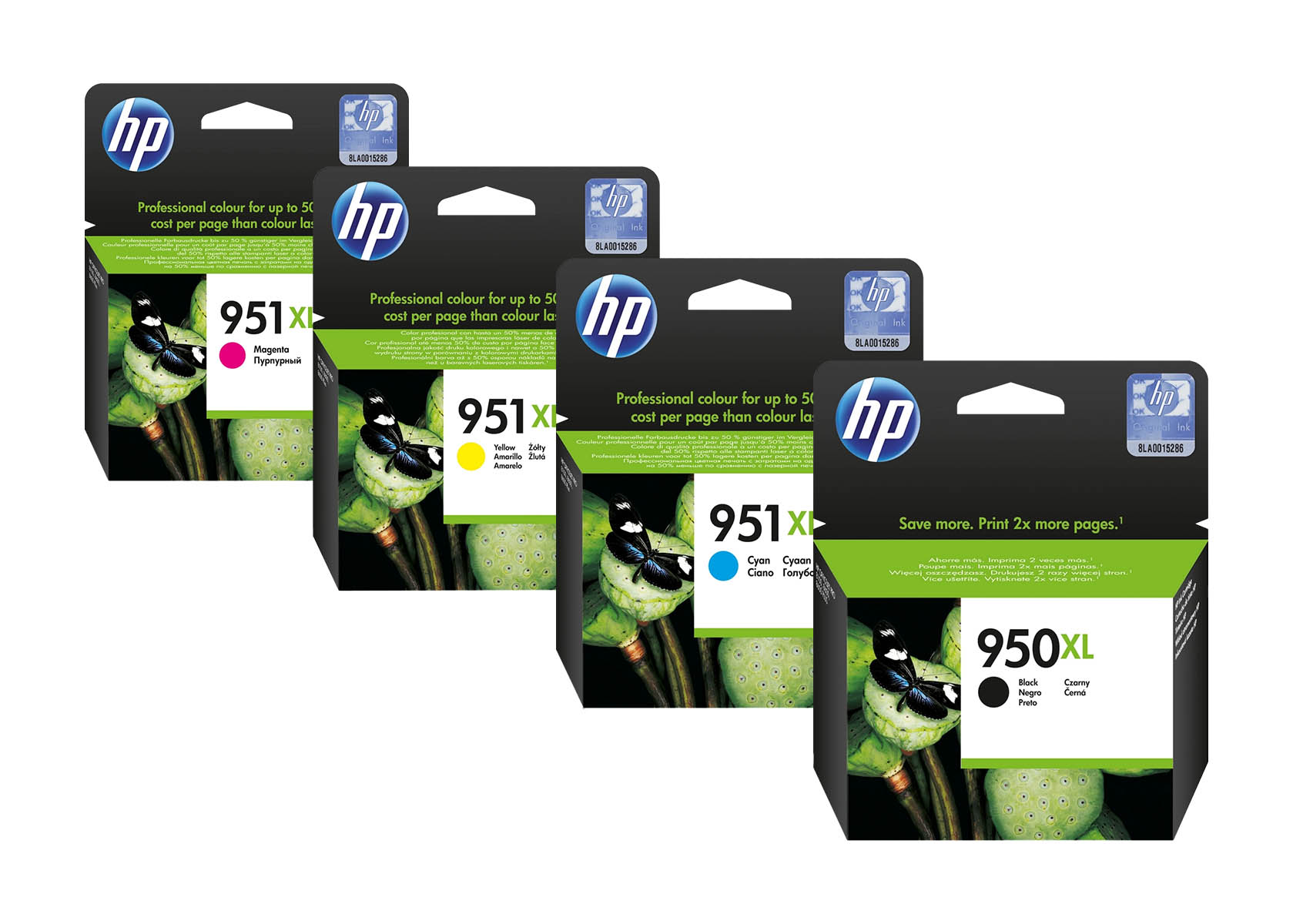 Vier HP-Druckerpatronen: Magenta, Gelb, Cyan und Schwarz mit Schmetterlingen.
