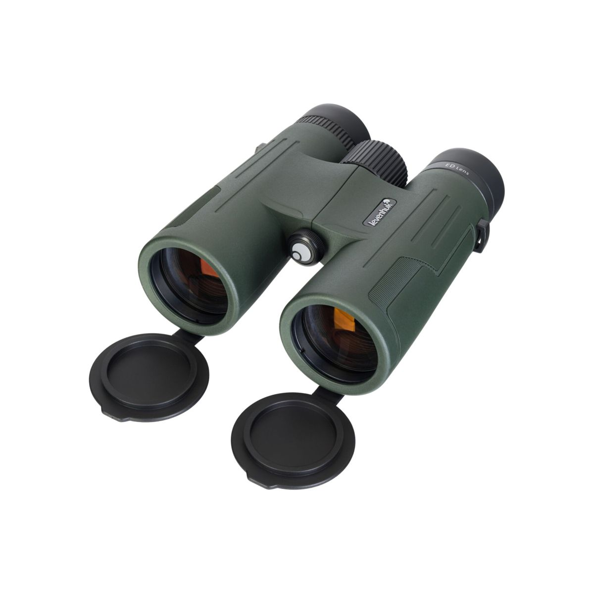 Binocolo verde con copriobiettivi aperti su sfondo bianco.