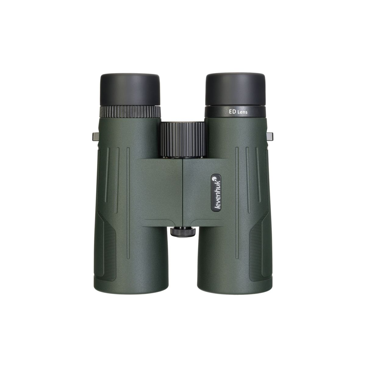 Un binocolo Levenhuk verde con rotella di messa a fuoco e armatura in gomma.
