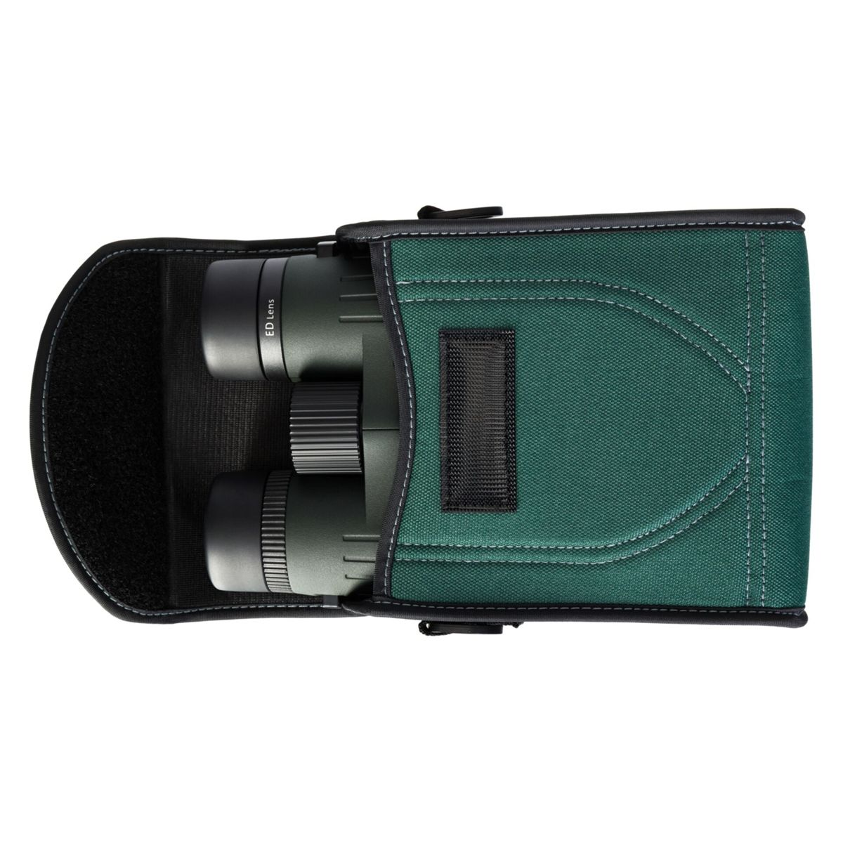 Custodia verde per binocolo con binocolo all'interno.