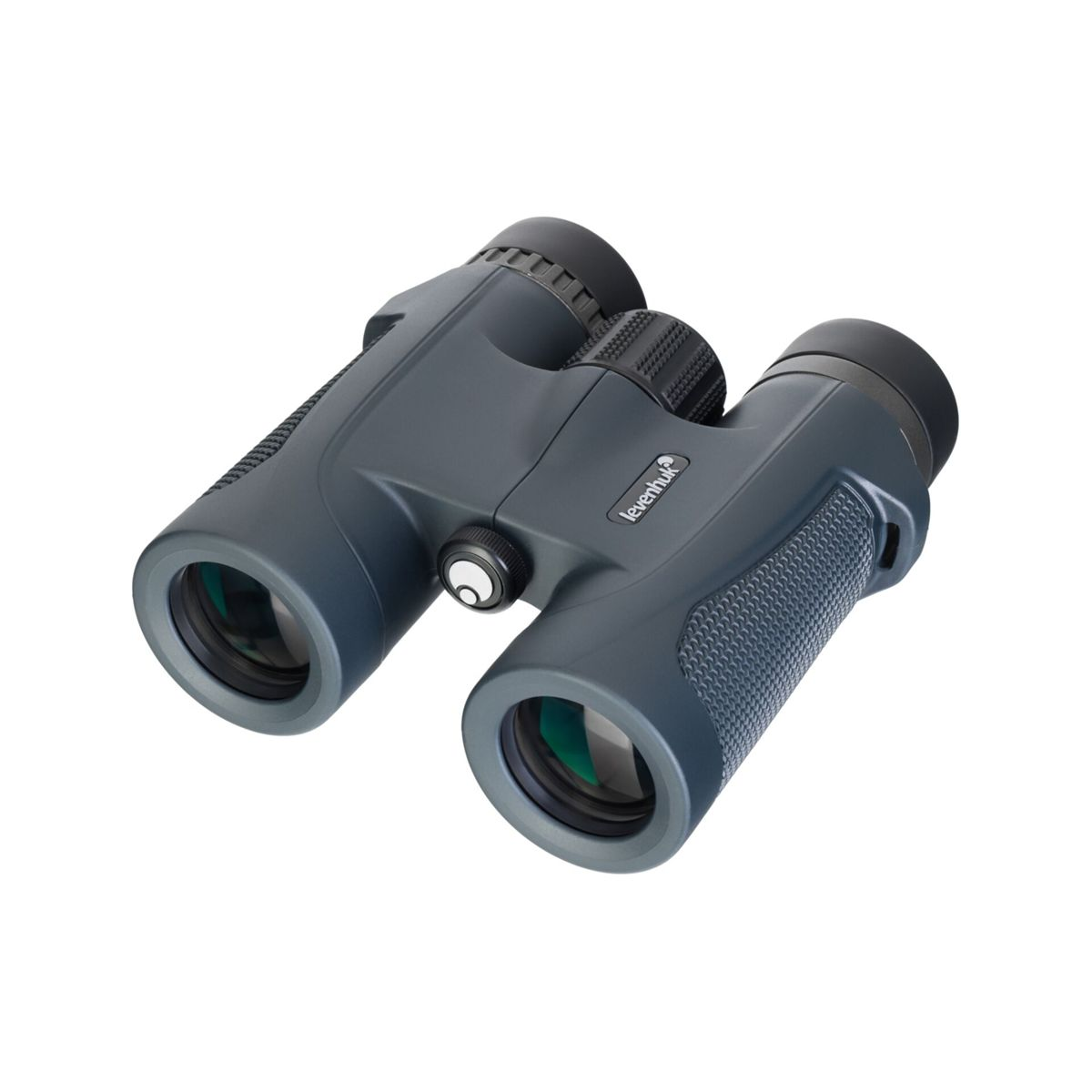 Binocolo Levenhuk grigio scuro con rotelle di messa a fuoco zigrinate e impugnature texturizzate.