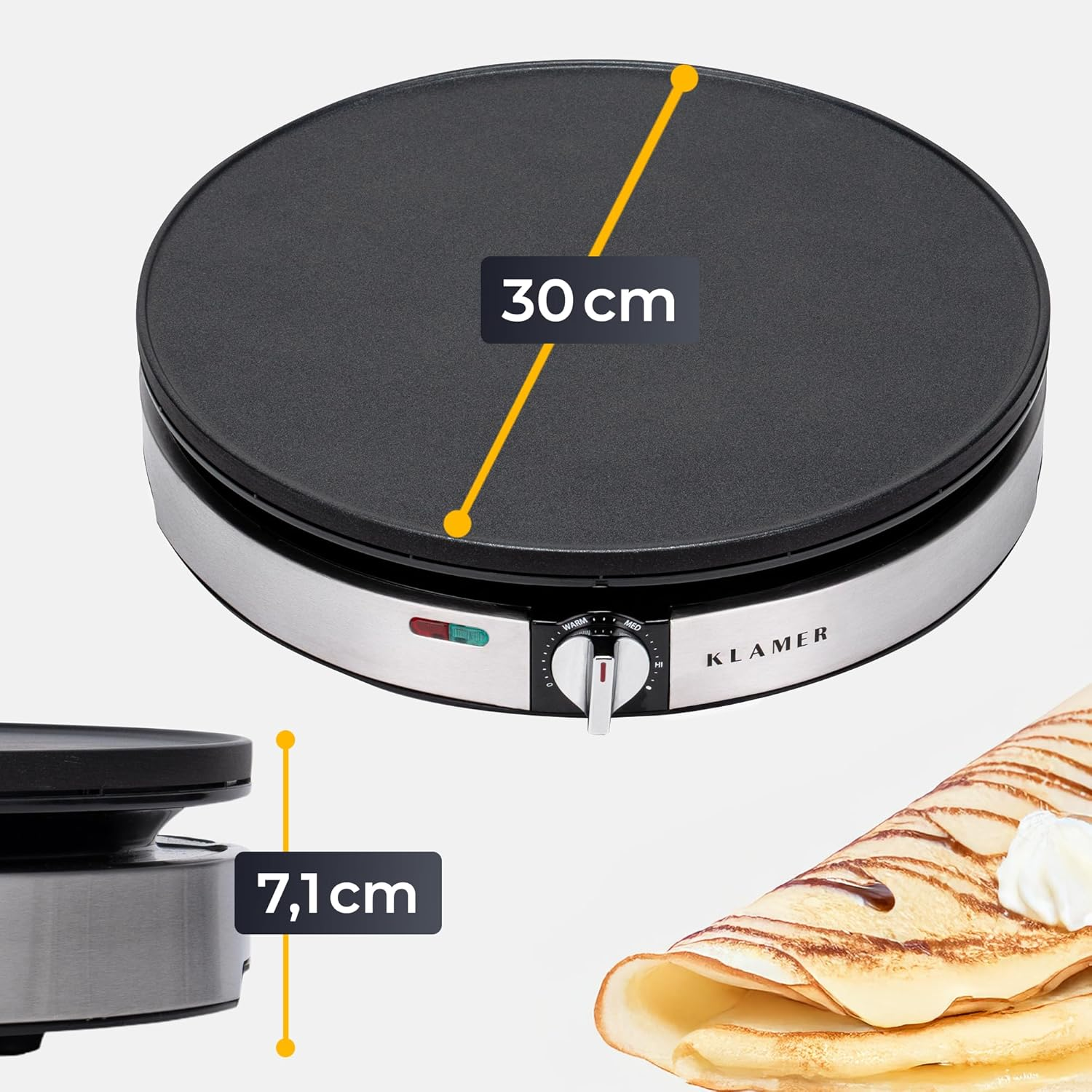 Klamer-Crêpes-Maker, 30cm Durchmesser, 7,1cm hoch, mit fertigem Crêpe.