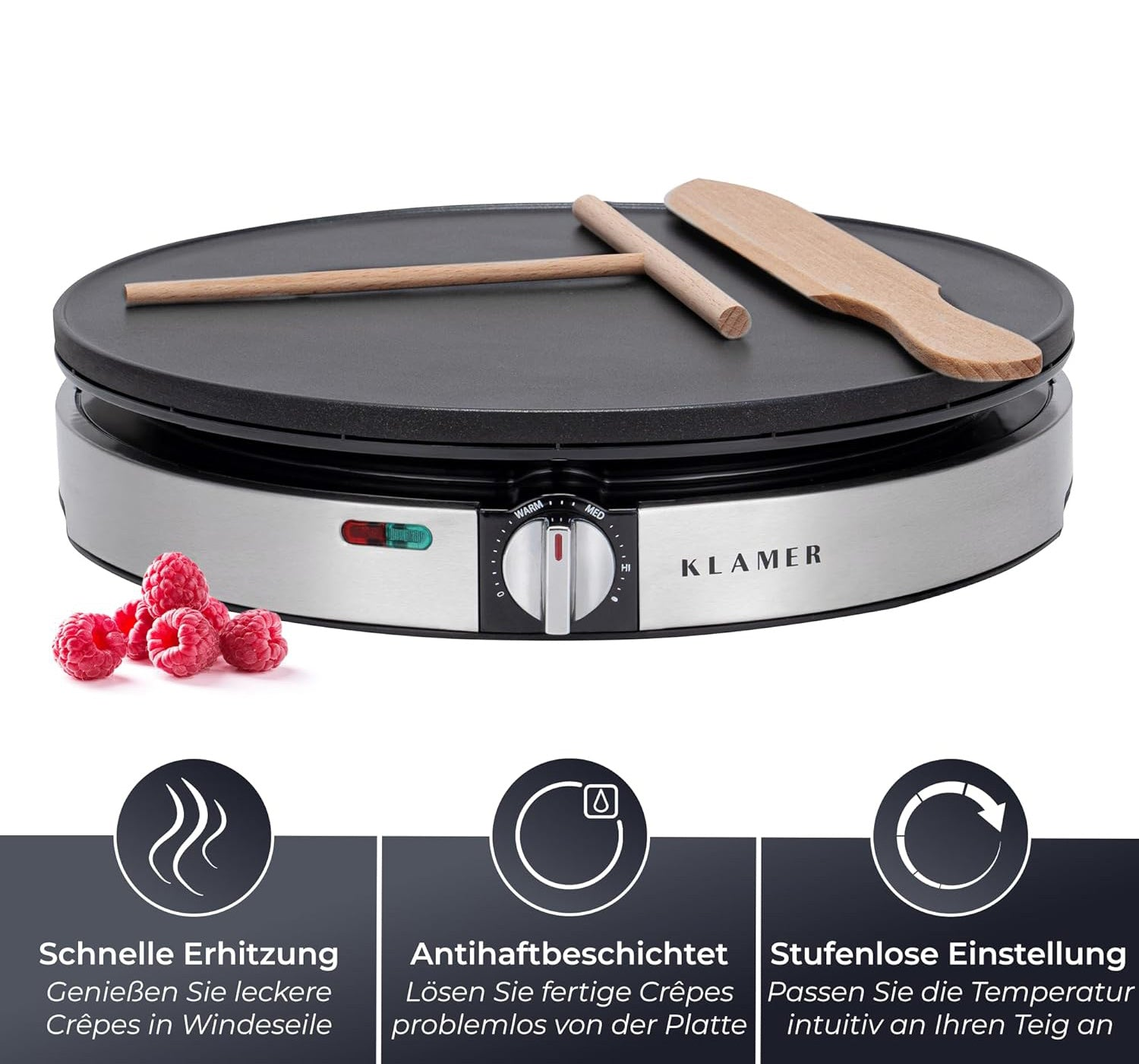 Klamer Crêpes Maker mit Holzutensilien und Himbeeren. Mit Temperaturregler.