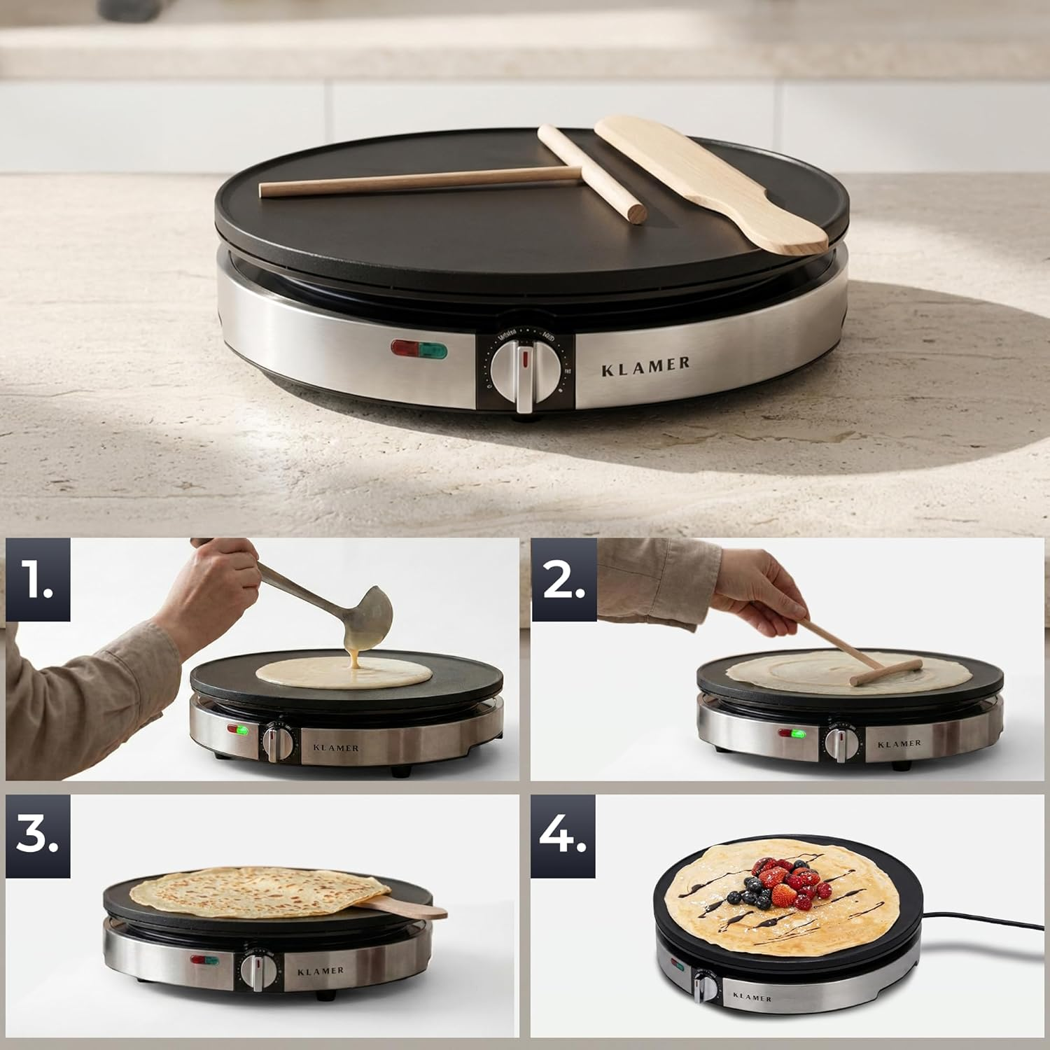 Vier Schritte zur Zubereitung von Crêpes auf einer elektrischen Platte mit Obst und Schokolade.