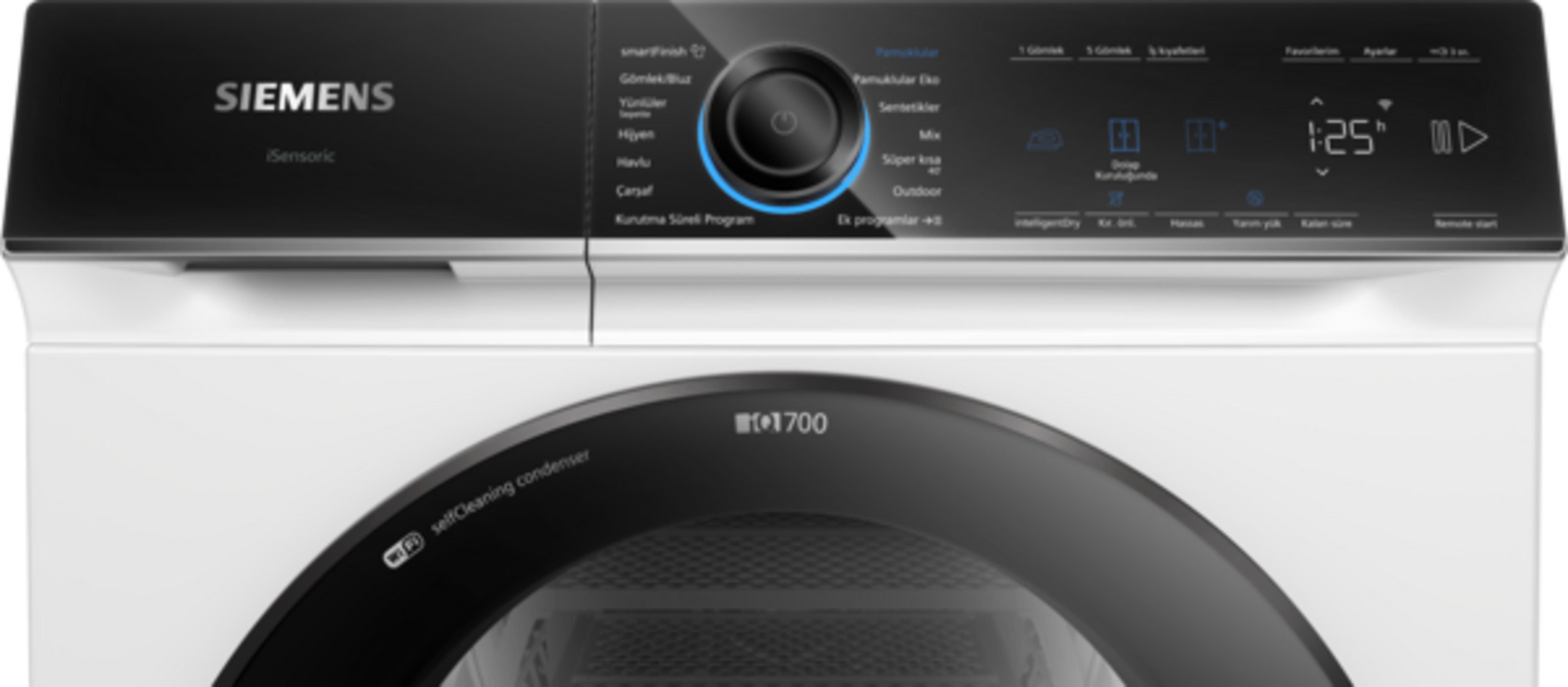 Siemens kurutma makinesi kontrol paneli, program seçimi ve dijital zaman göstergesi.