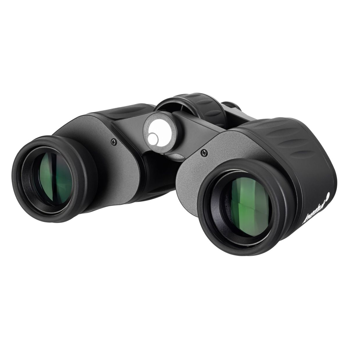 Binocolo nero con accenti grigi su sfondo bianco.