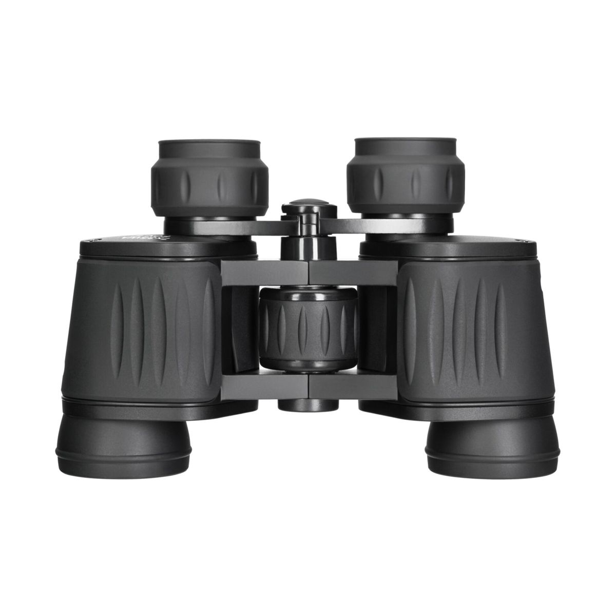 Binocolo nero con rotella di messa a fuoco e impugnature in gomma su sfondo bianco.