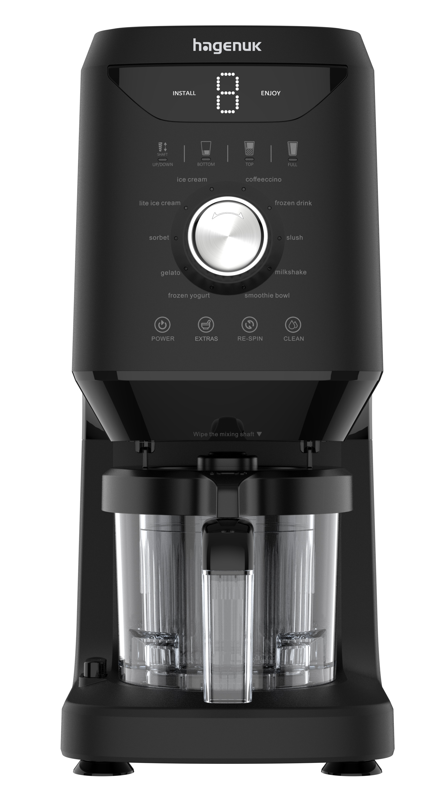Schwarze Küchenmaschine mit Touchscreen und Auswahlmöglichkeiten für Eis, Sorbet und mehr.