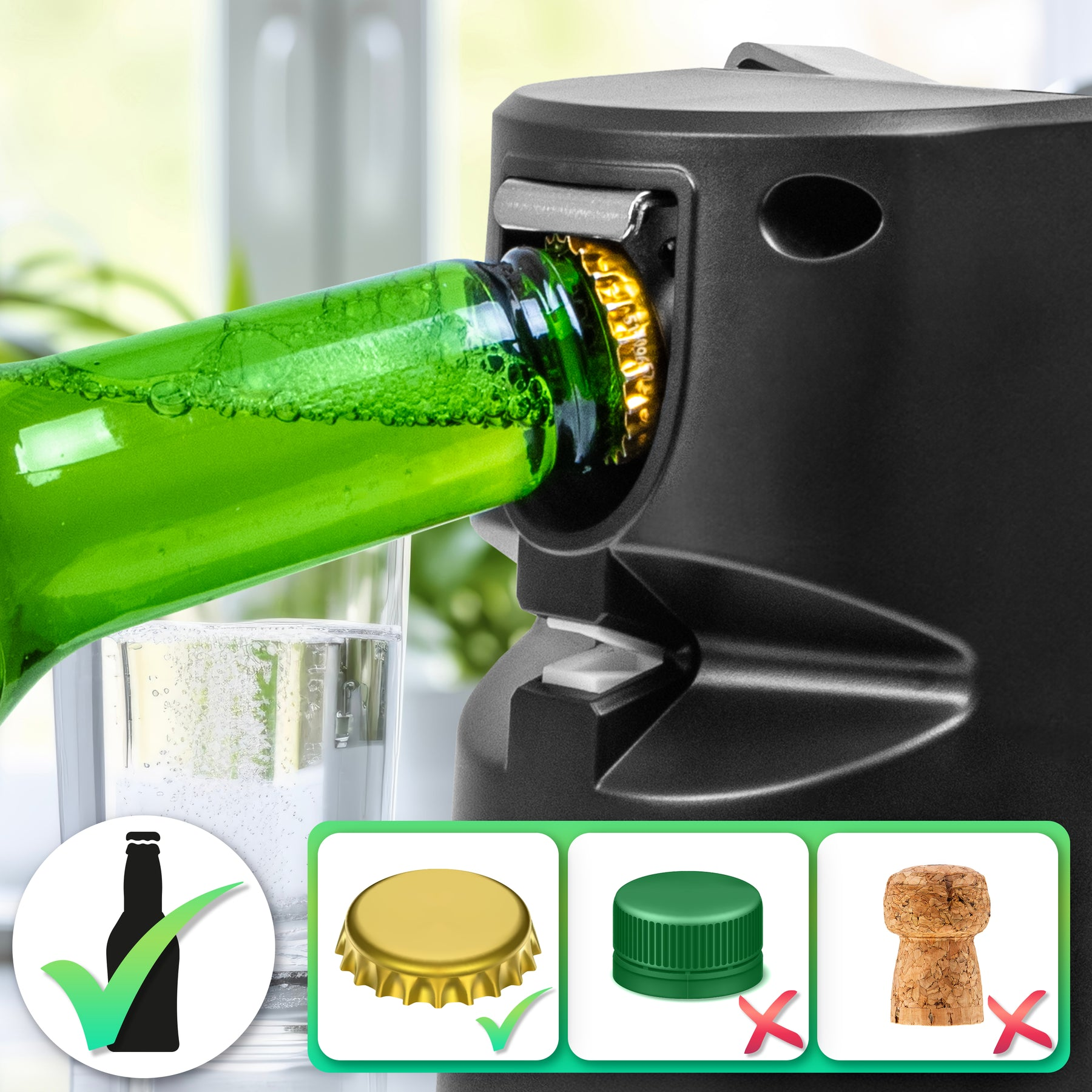 Eine grüne Flasche wird von einem schwarzen Flaschenöffner geöffnet, mit einem Glas Wasser und Kappenbeispielen darunter.