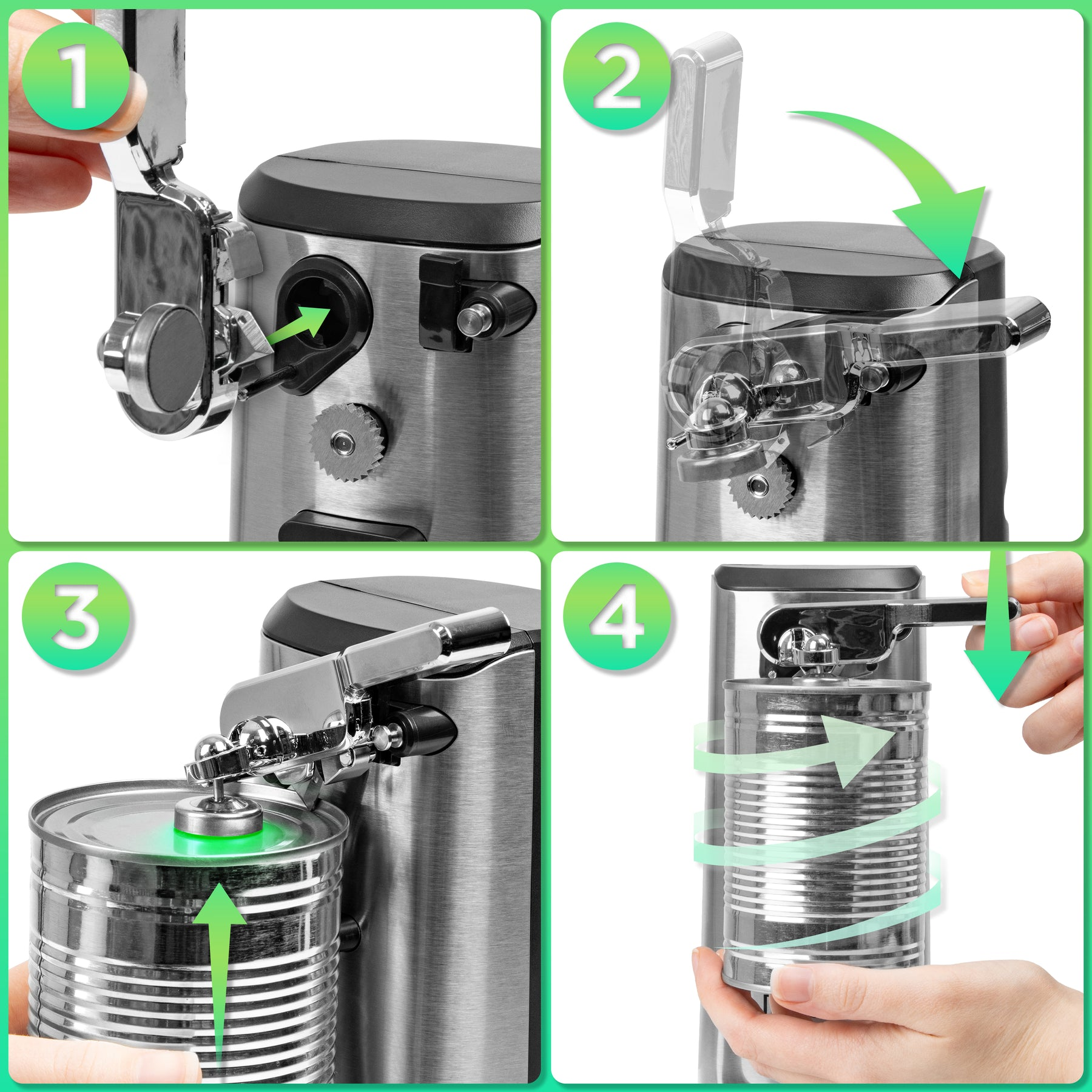 Schritt-für-Schritt-Anleitung für einen Dosenöffner: Einsetzen, Verriegeln, Aufsetzen, Drehen.