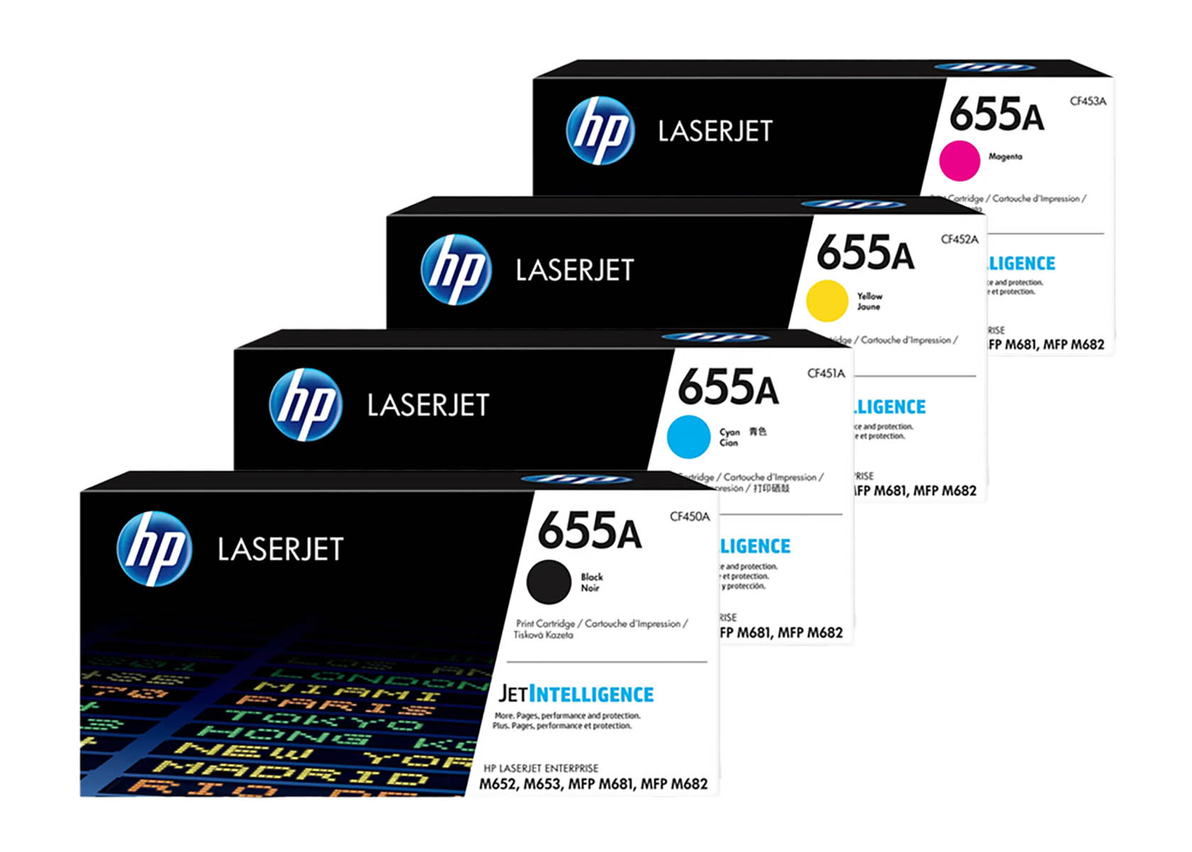 Vier HP LaserJet 655A Patronen: Magenta, Gelb, Cyan und Schwarz.