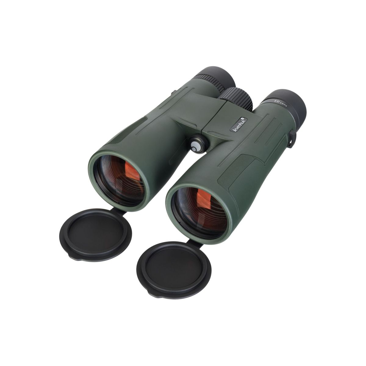 Binocolo verde con lenti arancioni e copriobiettivi.