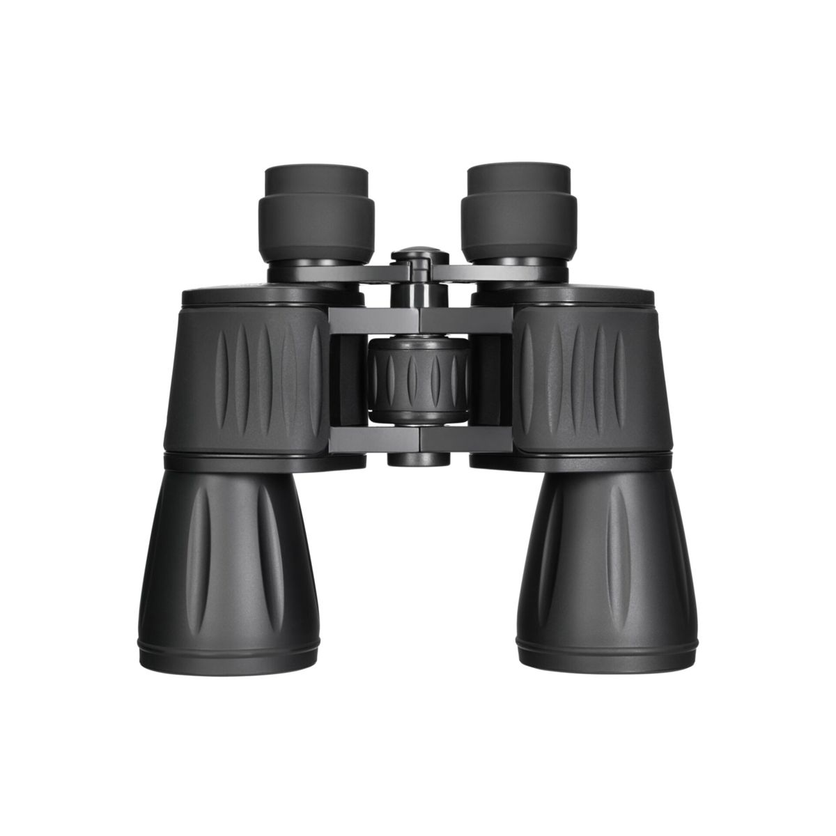 Schwarze Fernglas mit Fokusrad in der Mitte, auf weißem Hintergrund.