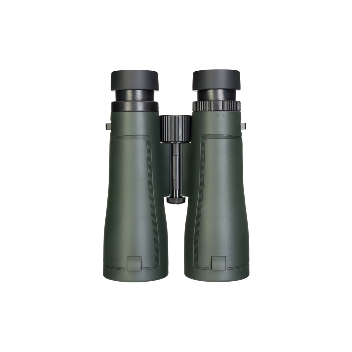 Binocolo verde scuro con rotella di messa a fuoco nera e copriobiettivi.