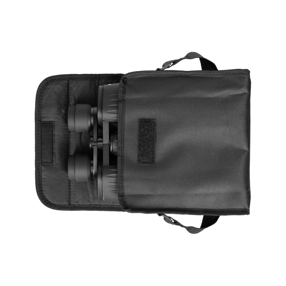 Schwarze Fernglas in einer schwarzen Tasche mit Griffen.